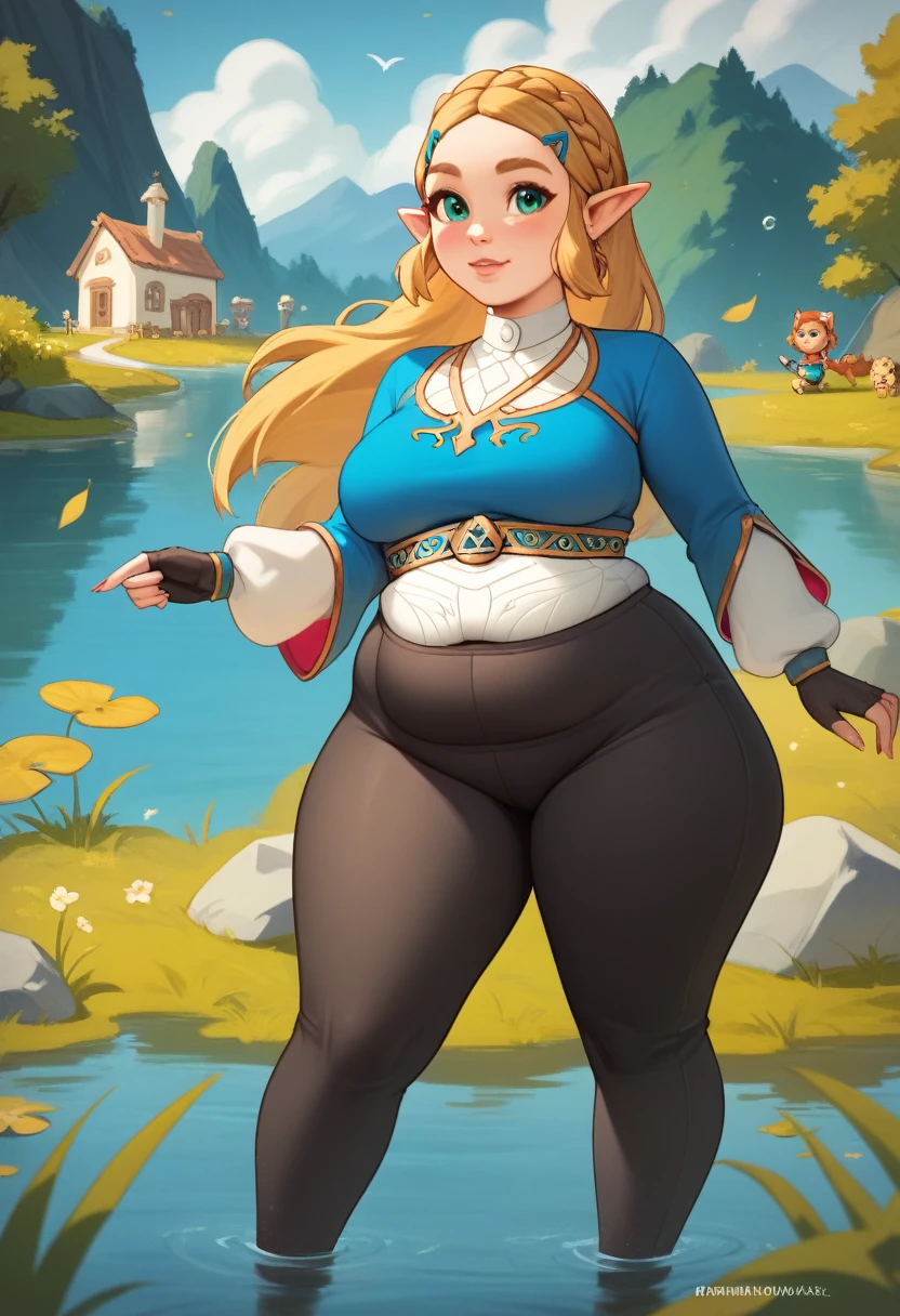 High quality,  high resolution, 1 girl, princess Zelda, ZeldaSDXL, chubby, soft midsection, wide hips, fat butt, hige butt, big butt, thick thighs, big breasts, pearshaped, hyrule, adventure, confident, positive, sunny, outside a cottage near a lake, cute pose, black pants, cute animals 