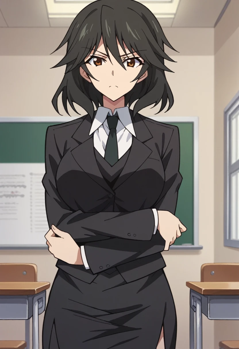 Orimura&#39;Pet, Long Hair, bangs,  black hair,  hair between eyes,  Brown Eyes ,
 skirt,  shirt,  Long Sleeve ,  jacket, white  shirt, tie, black  skirt, black  jacket, formal, suit, black tie, pencil  skirt,  skirt suit,Big Breasts　I'm giving a lecture at the pulpit　In the classroom　I'm going to play tricks on students