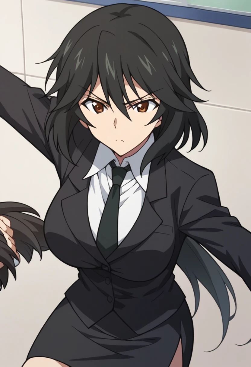 Orimura&#39;Pet, Long Hair, bangs,  black hair,  hair between eyes,  Brown Eyes ,
 skirt,  shirt,  Long Sleeve ,  jacket, white  shirt, tie, black  skirt, black  jacket, formal, suit, black tie, pencil  skirt,  skirt suit,Big Breasts　I'm giving a lecture at the pulpit　In the classroom　Give a fight to a student