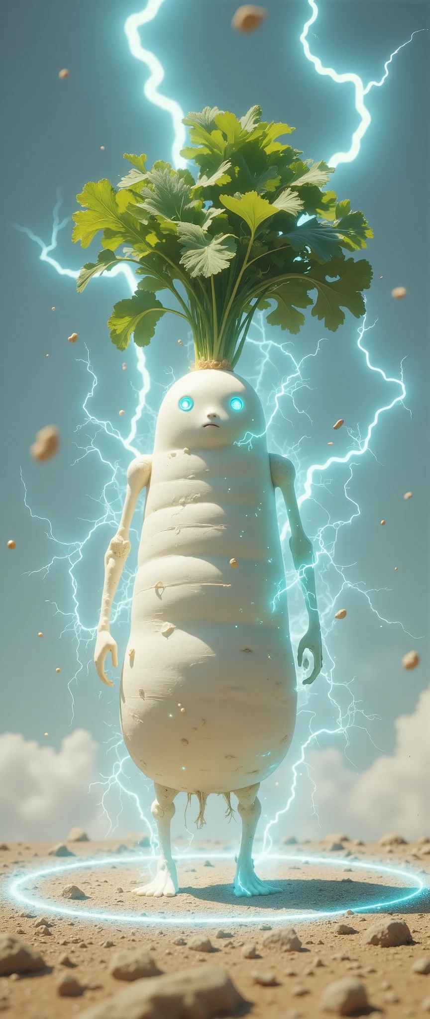 (masterpiece:1.2, Outstanding quality  ,Mirror finish,  Cinematic Experience , Best Illustration:2.0, super detailed),8k,16k,wallpaper,(Daikon from the future :2.0),( daikon stands on a wormhole like a magic circle:2.0),(dynamic:2.0),(SF:2.0),( cyberpunk:2.0),(whole body:2.0),(Glowing blue eyes:2.0),( detailed eyes on board:2.0),(front:2.0),(intense discharge :2.0),(The background is a field that discharges violently :2.0)