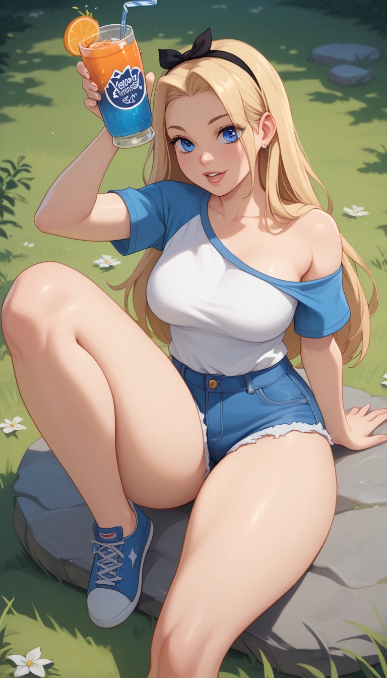 
Alice (Wonderful),  blond hair ,  long hair , blue eyes, (:1.1),   Alice wears a loose shirt with one shoulder exposed and with very tight and short denim shorts ,casual style,   exposed legs   , thick thighs ,   Knee-high , bright, oily skin, Drinks orange juice in the cup sitting on a rock , surrounded by grass ,flores, open air