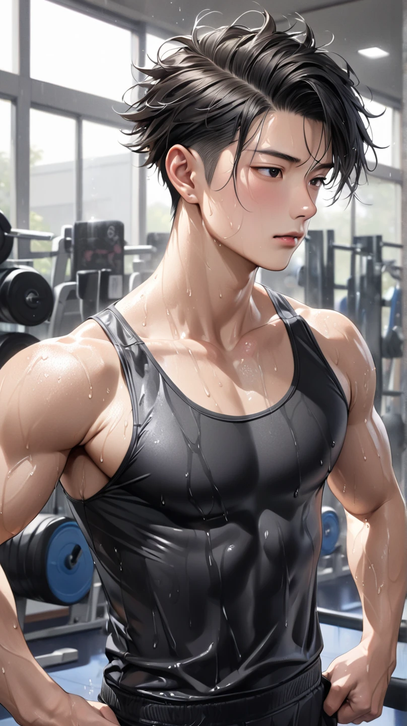 a shirtless exhausted 19-year old handsome caucasian male in faded haircut, mma gloves, fighting shorts, cute, handsome face, six-pack abs, beautiful body, well-defined body, dripping sweat, drenched with sweat, hands down, standing infront of a blackboard