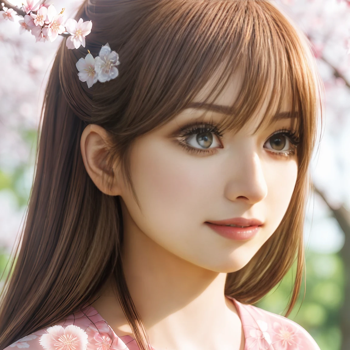 masterpiece, A high resolution, best quality, hyper HD, 16k, ****ung woman (Chihaya Ayase (Chihayafuru)), Long, flowing brown hair, (large Almond-shaped expressive, Light brown eyes with a golden hue, reflecting determination and passion), Slender nose and soft pink lips, Sharp yet delicate features, (Slim with toned, athletic curves, reflecting her active and competitive nature), Graceful and confident pose, with a slight smile or determined gaze, A Japanese setting with blooming cherry blossoms and soft natural lighting for a cinematic effect.