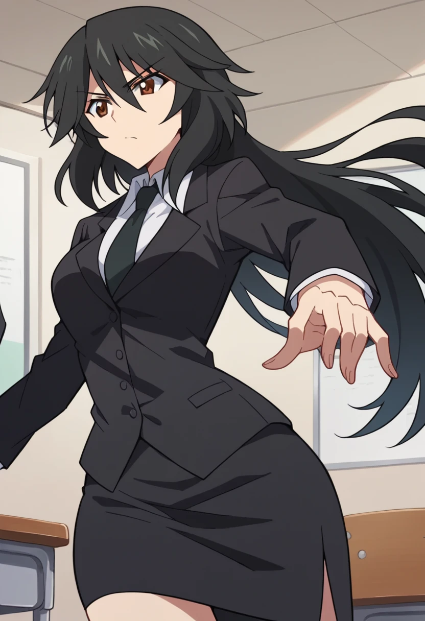 Orimura&#39;Pet, Long Hair, bangs,  black hair,  hair between eyes,  Brown Eyes ,
 skirt,  shirt,  Long Sleeve ,  jacket, white  shirt, tie, black  skirt, black  jacket, formal, suit, black tie, pencil  skirt,  skirt suit,Big Breasts　I'm giving a lecture at the pulpit　In the classroom　Give a fight to a student