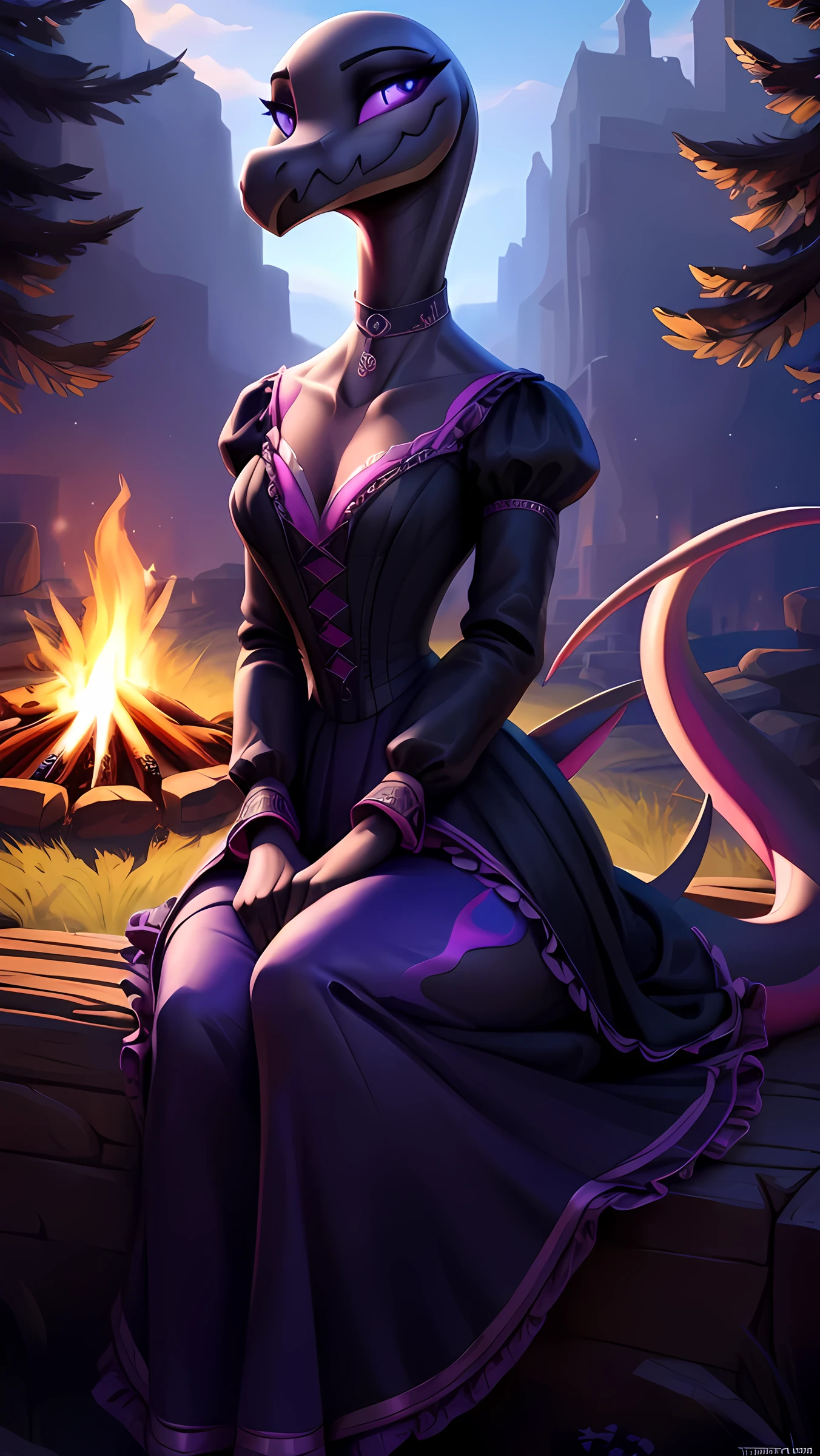 uploaded on e621, ((Salazzle)) by Pixelsketcher, by Bayard Wu, by Thomas Benjamin Kennington , by Einshelm, anthro, ((full body focus)), BREAK, ((dress:1.2)),wearing black victorian dress, long flowing dress, long sleeve victorian dress, dress flowing down past knees, black choker, (detailed Bonifasko lighting), (detailed scales), (detailed skin), (female Salazzle), BREAK, ((facing viewer)), (cinematic lighting), ((detailed background)), ((full body portrait view)), (((portrait view))), (half body shadow), [backlighting], [crepuscular ray], [detailed ambient light], [gray natural lighting], [ambient light on the belly], (higher wildlife feral detail), [sharp focus], (shaded), ((masterpiece), natural breasts, medium breasts, furry Salazzle, reptilian face, furry Fantasy Art, furry Art, Commission for High Res, anthro Art, POV furry Art,Sakimichan beautiful, masterpiece, best quality, detailed image, bright colors, detailed face, perfect lighting, perfect shadows, perfect eyes, girl focus, purple eyes, flawless face, reptilian girl, scales, scaled woman, colorful scales, gaze at the viewer, half-closed eyes, 1girl, full body, (masterpiece:1.21), (best quality:1.2), (illustration:1.2), (cinematic lighting:1.3), detailed scales, balanced coloring, global illumination, ray tracing, good lighting, scales, anthro, looking at viewer, short neck, (full body shot of woman in camp, sitting next to a campfire, tents in background), submissive, outside, camp, campfire, (woman sitting outside, woman sitting in camp, woman next to campfire, woman sitting on a log), clawed hands and feet, (intricate details:1.12), (intricate details, hyperdetailed:1.15), hdr, outside, (daytime:1.2), warm light, dramatic light, cinematic, (full body:1.2), slight smile, blushing, ((black victorian dress, standing up, posing seductively, slight smile, full victorian dress, dress covering whole body))