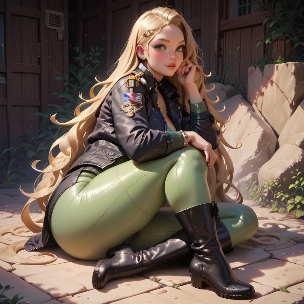 gorgeous woman, piel blanca, very long hair, blonde hair, green eyes, cute eyes, detailed eyes, long eyelashes, thick lips, senos enormes , enorme trasero, caderas muy anchas, plump ass, thick thighs, wide thighs, detailed feet, obra maestra, altamente detallado, 4k, hyperrealism, military uniform, air force pilot, aviator jacket, pants, boots