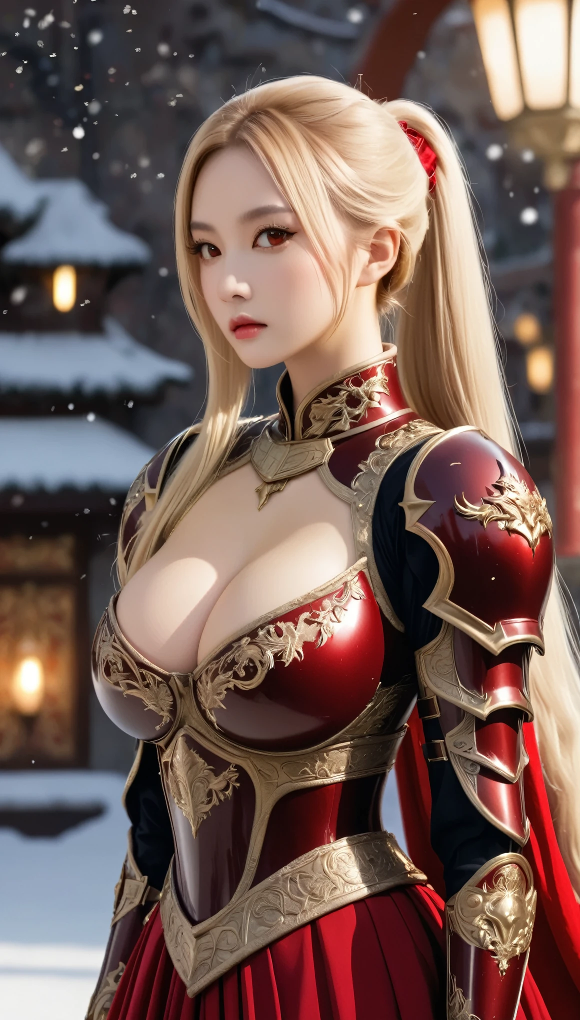 light particles, soft lighting, volumetric lighting, intricate details, finely detailed,1girl, solo, dark knight, full body shot, (nudity:1.0), (beautiful and ample breasts:1.5) and a huge waist,blonde hair, long hair, high ponytail,red eyes, long eyelashes, thick eyelashes, looking at viewer,red kinght full body armor, Armor with a snow and golden dragonLong skirt of deep red velvet fabric, puffy sleeves, juliet sleeves, (long sleeves:1.2), Banner、、,gorgeous tapestry wallpaper, from side,