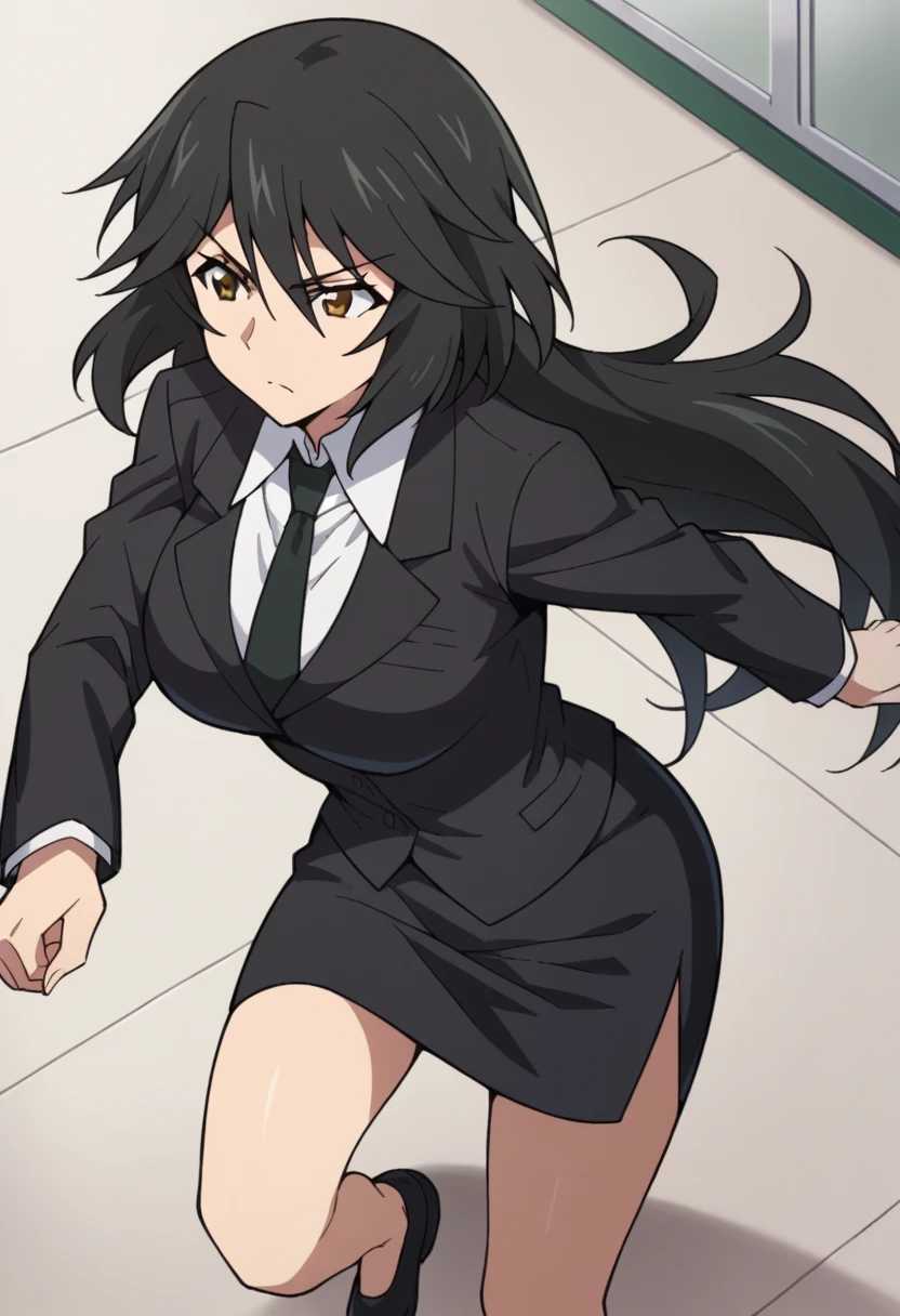 Orimura&#39;Pet, Long Hair, bangs,  black hair,  hair between eyes,  Brown Eyes ,
 skirt,  shirt,  Long Sleeve ,  jacket, white  shirt, tie, black  skirt, black  jacket, formal, suit, black tie, pencil  skirt,  skirt suit,Big Breasts　I'm giving a lecture at the pulpit　In the classroom　I'm going to do a fight