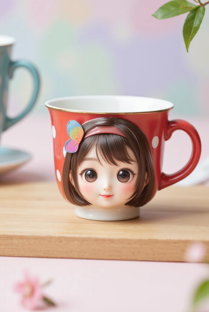  Photorealistic 、 Japanese anime characters drawn on them(Chibi Girl、smile、Butterfly Hair Ornament、 colorful )Teacups with 