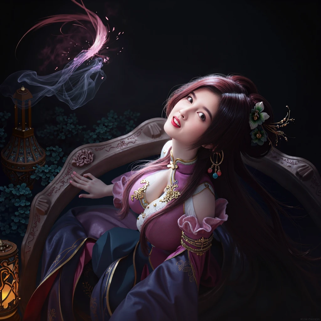 there is a woman with long hair sitting in a chair, a character portrait by Yang J, trending on cg society, fantasy art, beautiful character painting, beautiful alluring anime woman, beautiful fantasy art, beautiful digital artwork, digital fantasy art ), a beautiful fantasy empress, beautiful fantasy art portrait, artwork in the style of guweiz