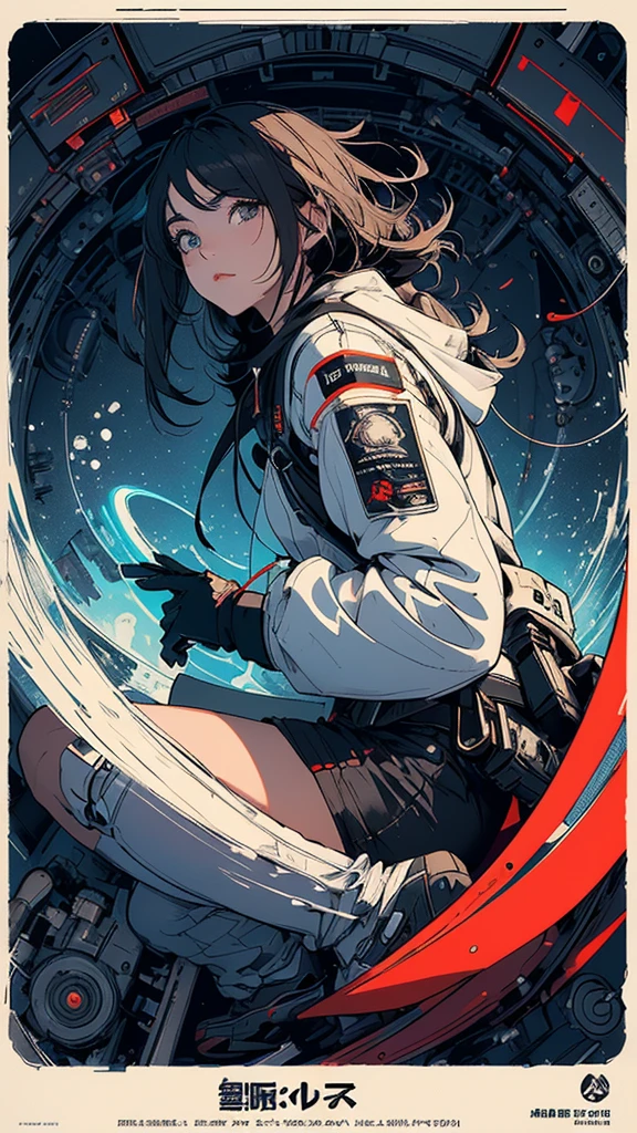 1girl, flat chested, cute, beautiful detailed eyes, shiny hair, visible through the hair, hair between the eyes, CCCPposter, sovietposter, red monochrome, Soviet poster, USSR, communism, black hair, red eyes, vampire ,girl,small breasts,spacesuit:Orange_clothing_body:jumpsuit ), white_gloves, white_space shoes, white_helmet, CCCP scarlet letters on the top of the helmet, weightlessness, Side light, reflection, the person in the spacesuit is at the bottom left of the picture, right hand outstretched, right hand Gently touch the Salyut space station), the space station in the upper right corner of the screen, the reflected light of the sun, silver metal, red flag, brilliance, Soviet style, diffuse reflection, metal texture, blue earth in the distance, mech style, star sea, high-profile, majestic