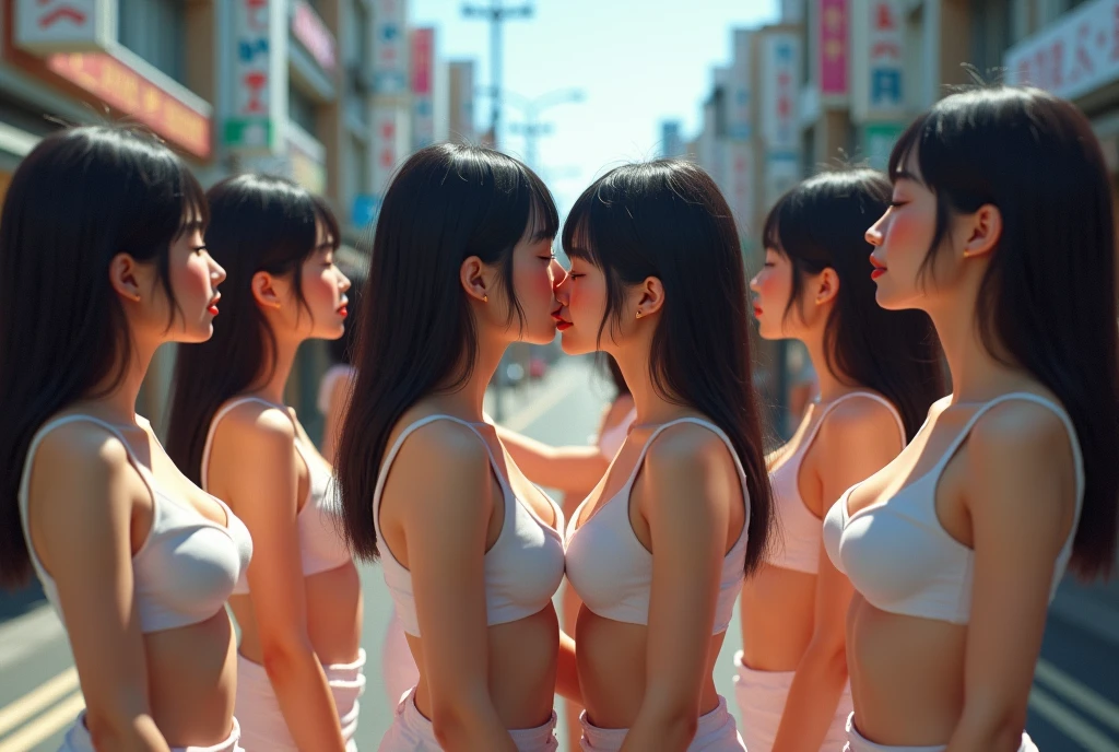 2 girls, Japaneses, age 16, friends, short hair, long hair, smile, wearing school swimsuit, wearing school swimsuit, like leotard, like leotard, Tokyo city, busy downtown, crowded bussiness district, outdoors, standing pose, pose, from dynamic angle, city walk road, cityscape, lesbian, kiss, nsfw