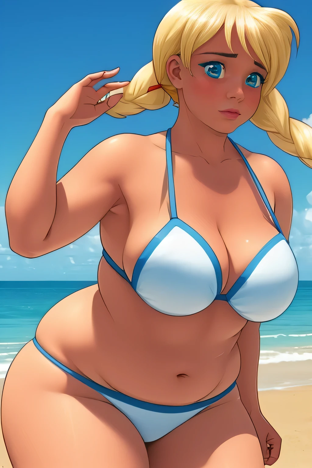 ((masterpiece)), ((realistic art)), ((anime)), ((perfect quality)), (beach), (very chubby), (night), ((best quality)), ((solo)), ((girl)), sl, blonde hair, (full body art), face : [very beautiful face, realistic, detailed, (perfect face), plump face, plump cheeks], emotions : [ (ashamed), (blushed), red cheeks ], (large breasts), figure : [ (very full body), (very fat), (very thick), (very chubby), (very sexy), (sexy curves), (very curvy), (very plump), (large breasts), (wide waist), (belly bulge), (very chubby belly), (fat rolls), (belly rolls), (very chubby belly bottom), (big deep navel), (very fat ass), (very fat thighs), (thunder thighs) ], (too fat for clothes), clothes : [ (tight white bikini) ]