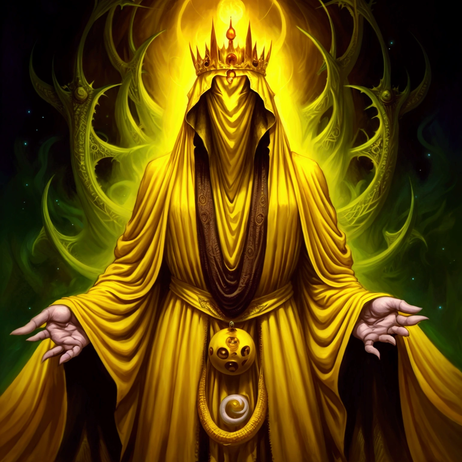 A painting of hastur the king in yellow, yellow-robed, beautiful male ,king in yellow, hastur the king in yellow, , portrait of hastur the king in yellow, the king in yellow,honoring hastur the king in yellow artwork, portrait of the god hastur,hastur,galactic deity, concept art of hastur the king in yellow, peter mohrbacher style,