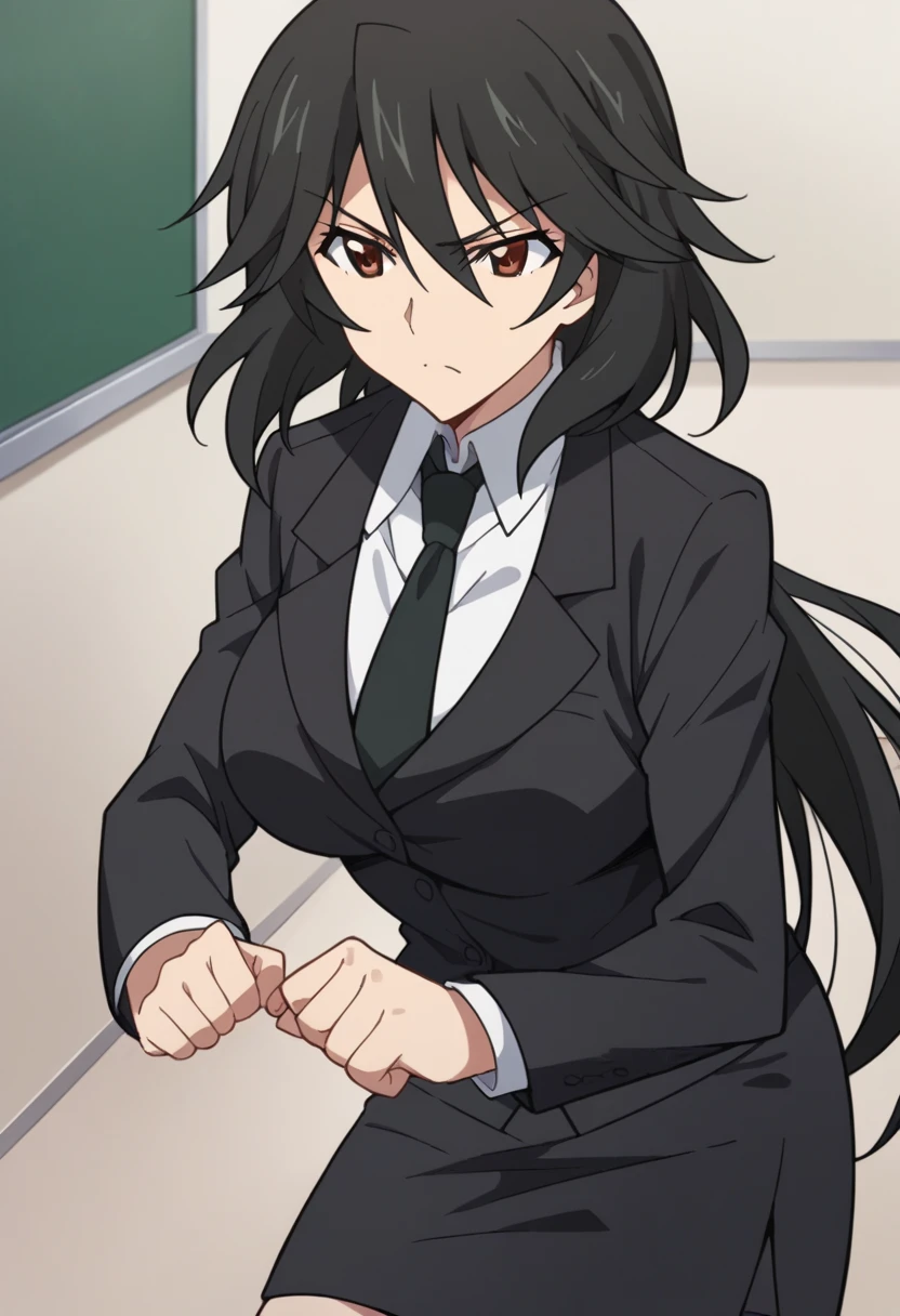 Orimura&#39;Pet, Long Hair, bangs,  black hair,  hair between eyes,  Brown Eyes ,
 skirt,  shirt,  Long Sleeve ,  jacket, white  shirt, tie, black  skirt, black  jacket, formal, suit, black tie, pencil  skirt,  skirt suit,Big Breasts　I'm giving a lecture at the pulpit　In the classroom　Roundhouse kick