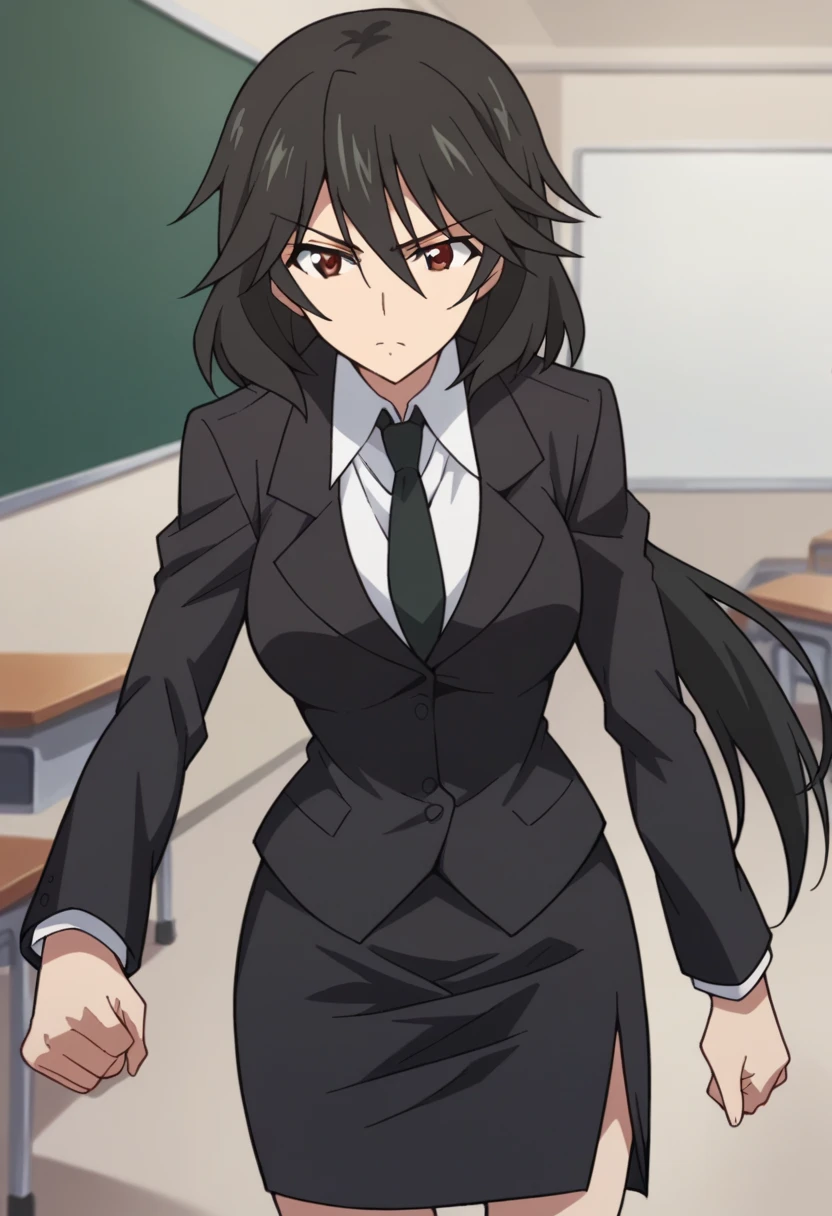 Orimura&#39;Pet, Long Hair, bangs,  black hair,  hair between eyes,  Brown Eyes ,
 skirt,  shirt,  Long Sleeve ,  jacket, white  shirt, tie, black  skirt, black  jacket, formal, suit, black tie, pencil  skirt,  skirt suit,Big Breasts　I'm giving a lecture at the pulpit　In the classroom　Roundhouse kick