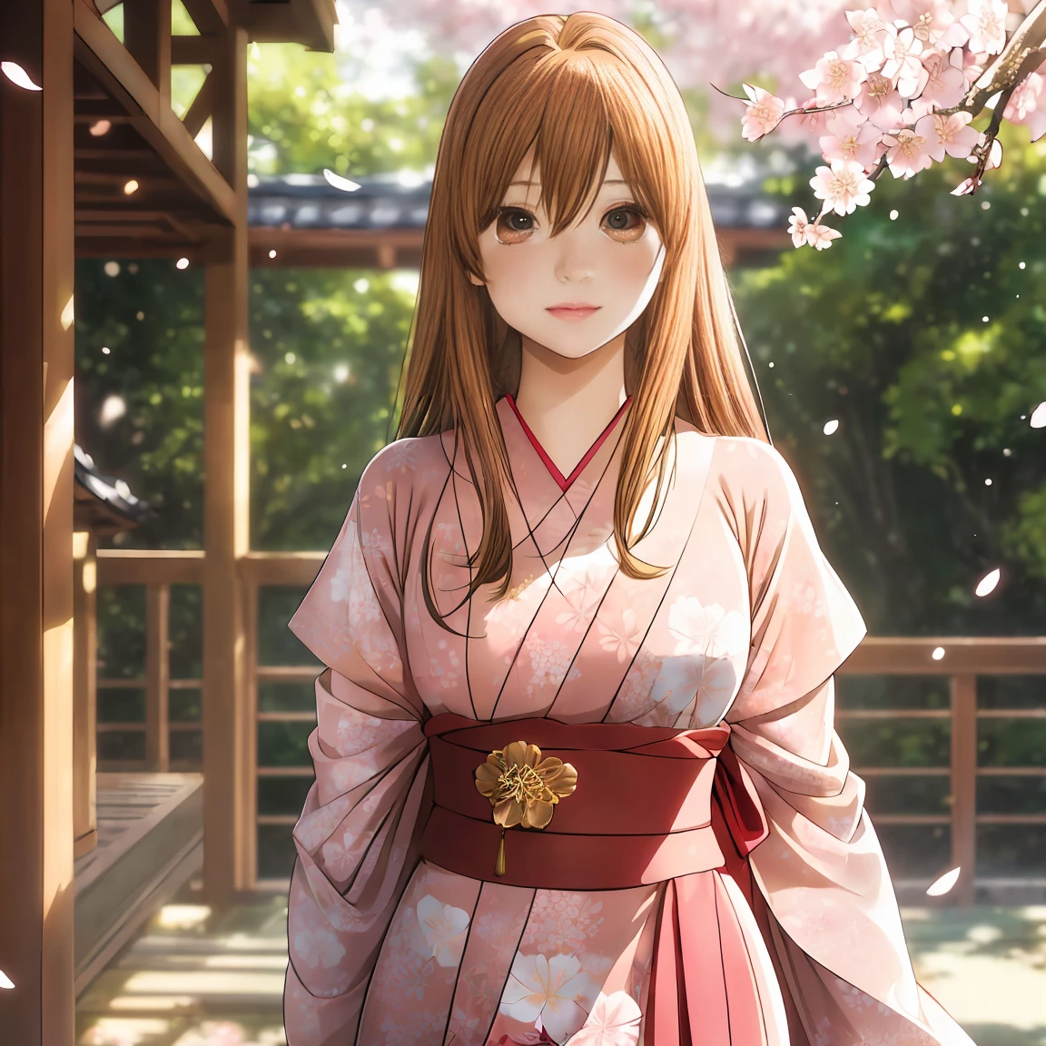 masterpiece, A high resolution, best quality, hyper HD, 16k, 1 young woman (Chihaya Ayase (Chihayafuru)), Long, flowing brown hair, (large Almond-shaped expressive, Light brown eyes with a golden hue, reflecting determination and passion), Slender nose and soft pink lips, Sharp yet delicate features, (Slim with toned, athletic curves, reflecting her active and competitive nature), Graceful and confident pose, with a slight smile or determined gaze, A Japanese setting with blooming cherry blossoms and soft natural lighting for a cinematic effect.