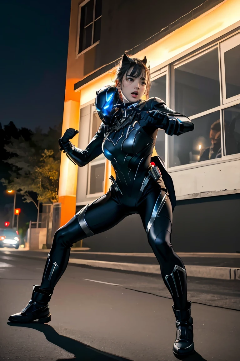 ,(best quality,highres:1.2), realistic, vibrant colors, detailed face and expression, fierce gaze, powerful stance, , glowing vibranium claws, night scene, strong lighting, superhero, action-packed, dynamic pose, 1 girl, Black panther suit, ((full body))