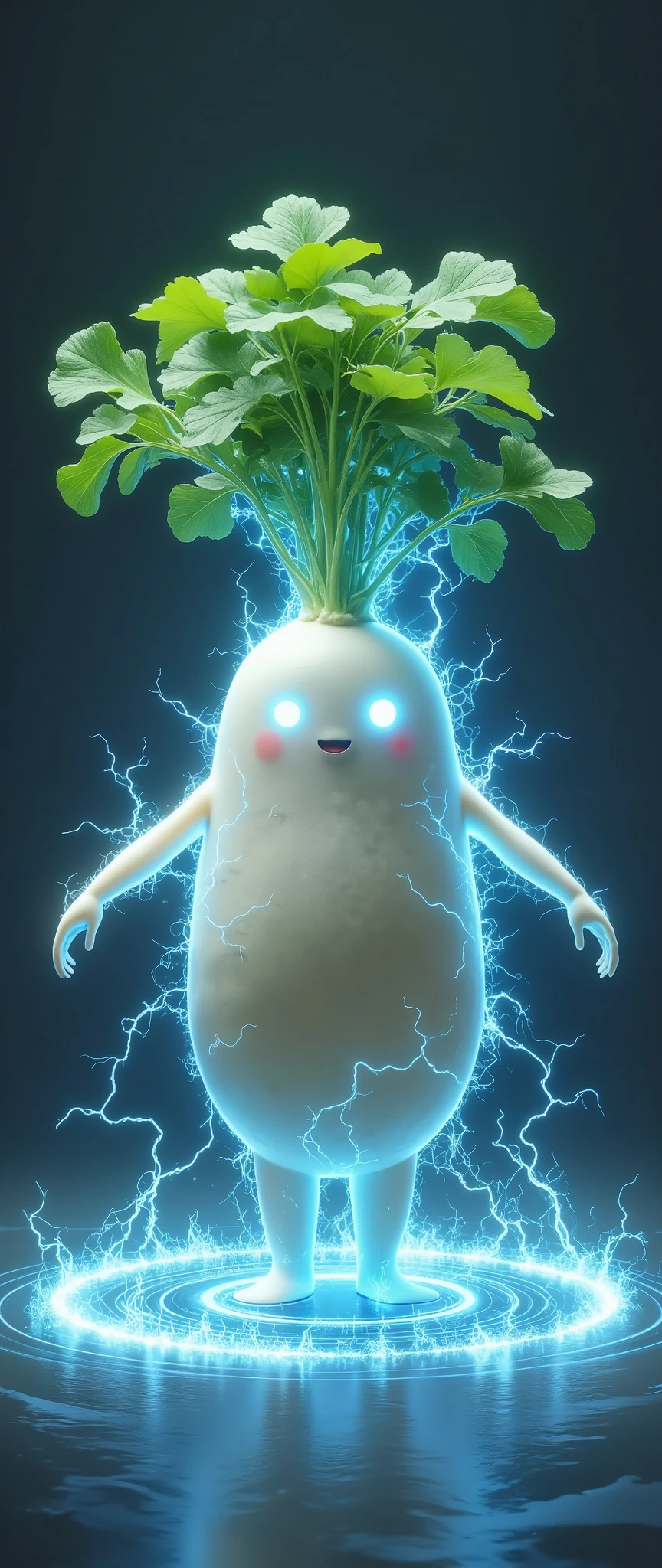 (masterpiece:1.2, Outstanding quality  ,Mirror finish,  Cinematic Experience , Best Illustration:2.0, super detailed),8k,16k,wallpaper,(Daikon from the future :2.0),(Daikon stands on a wormhole like a magic circle:2.0),(dynamic:2.0),(SF:2.0),( cyberpunk:2.0),(whole body:2.0),(Glowing blue eyes:2.0),( detailed eyes on board:2.0),(front:2.0),(intense discharge :2.0),(The background is a field that discharges violently :2.0)