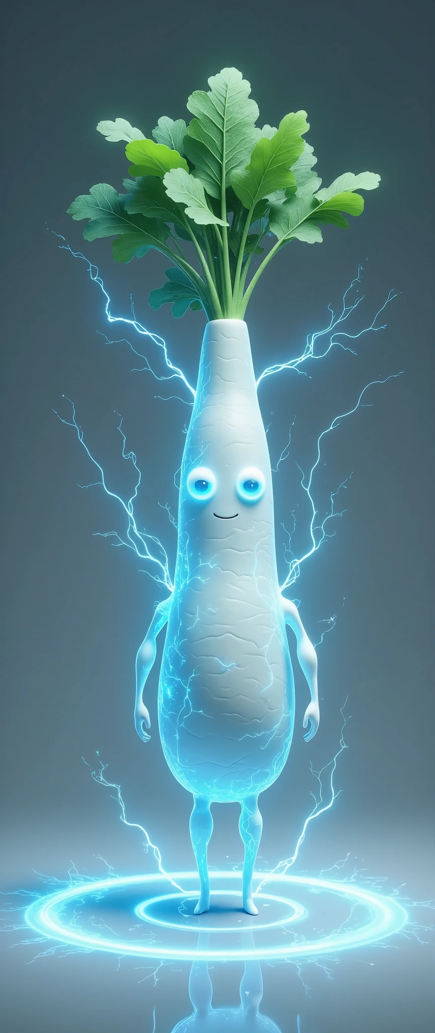 (masterpiece:1.2, Outstanding quality  ,Mirror finish,  Cinematic Experience , Best Illustration:2.0, super detailed),8k,16k,wallpaper,(Daikon from the future :2.0),( daikon stands on a wormhole like a magic circle:2.0),(dynamic:2.0),(SF:2.0),( cyberpunk:2.0),(whole body:2.0),(Glowing blue eyes:2.0),( detailed eyes on board:2.0),(front:2.0),(intense discharge :2.0),(The background is a field that discharges violently :2.0)