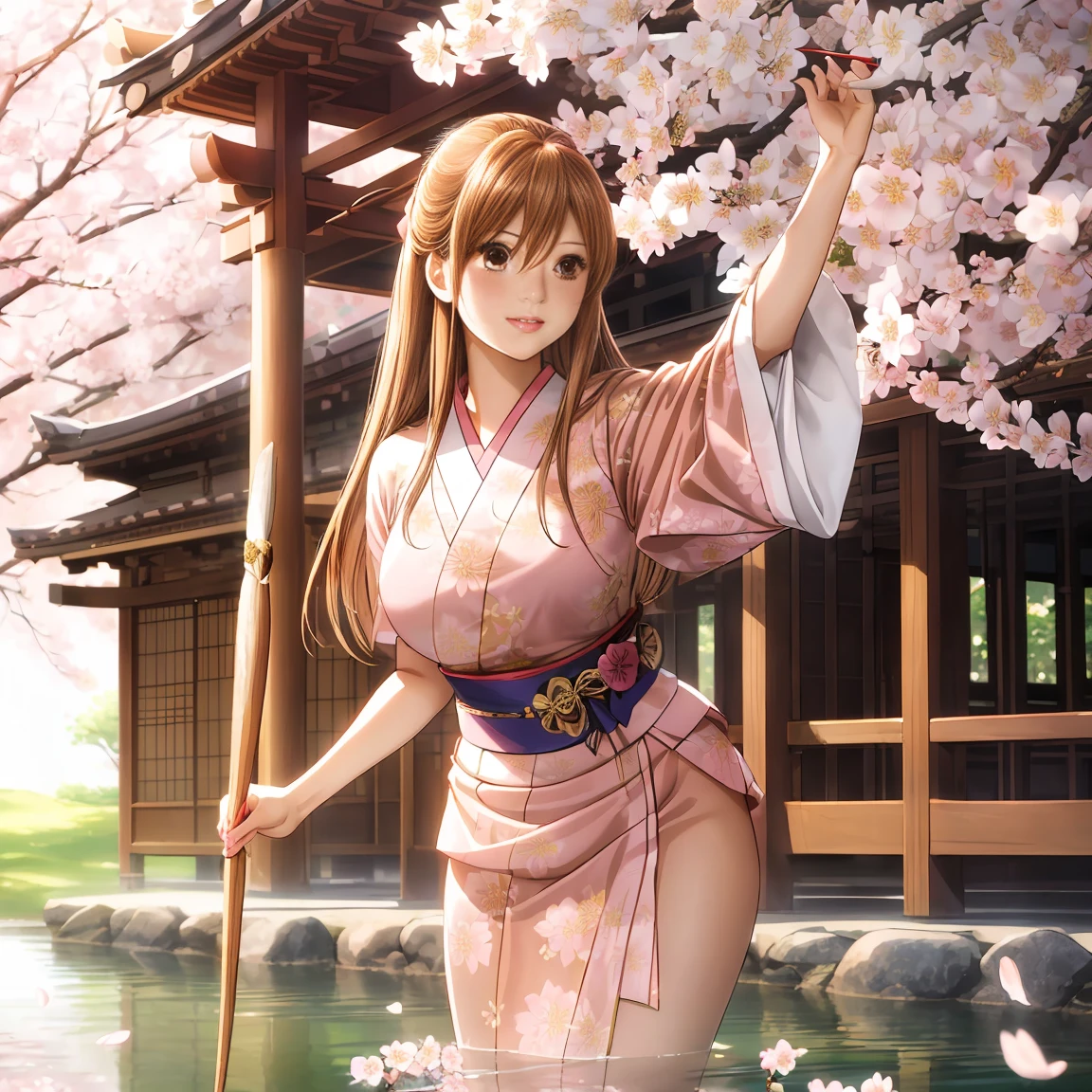 masterpiece, A high resolution, best quality, hyper HD, 16k, 1 young woman (Chihaya Ayase (Chihayafuru)), Long, flowing brown hair, (large Almond-shaped expressive, Light brown eyes with a golden hue, reflecting determination and passion), Slender nose and soft pink lips, Sharp yet delicate features, (Slim with toned, athletic curves, reflecting her active and competitive nature), Graceful and confident pose, with a slight smile or determined gaze, A Japanese setting with blooming cherry blossoms and soft natural lighting for a cinematic effect.