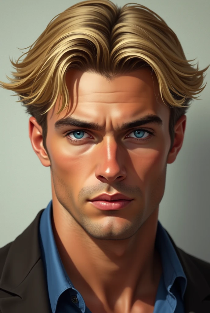 Blond man with blue eyes hair in middel part