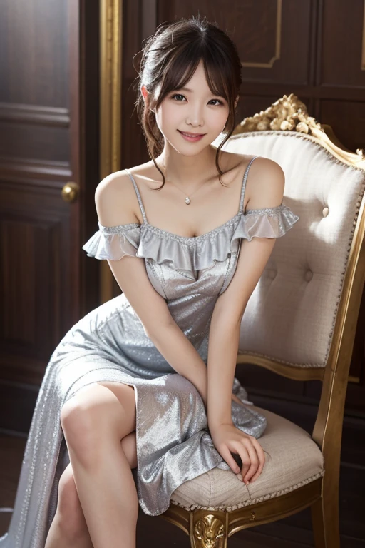  Japanese model woman is sitting on a chair wearing a dress and heels,  Elegant Dress , flashy silver dress, Nishikori dress ,  romantic dress, Rococo style ruffle dress ,  transparent gray dress , royal Nishikori dress ,  Feminine Girly Dress , wearing an  Elegant Dress , Baroque Dress ,  soft silk dress , Rococo Dress,  fantasy dress,  royal elegant pose , Wearing a silver dress 、 looking at the camera、Detailed and beautiful eyes、 cute smile、Soft and gentle relaxed expression 