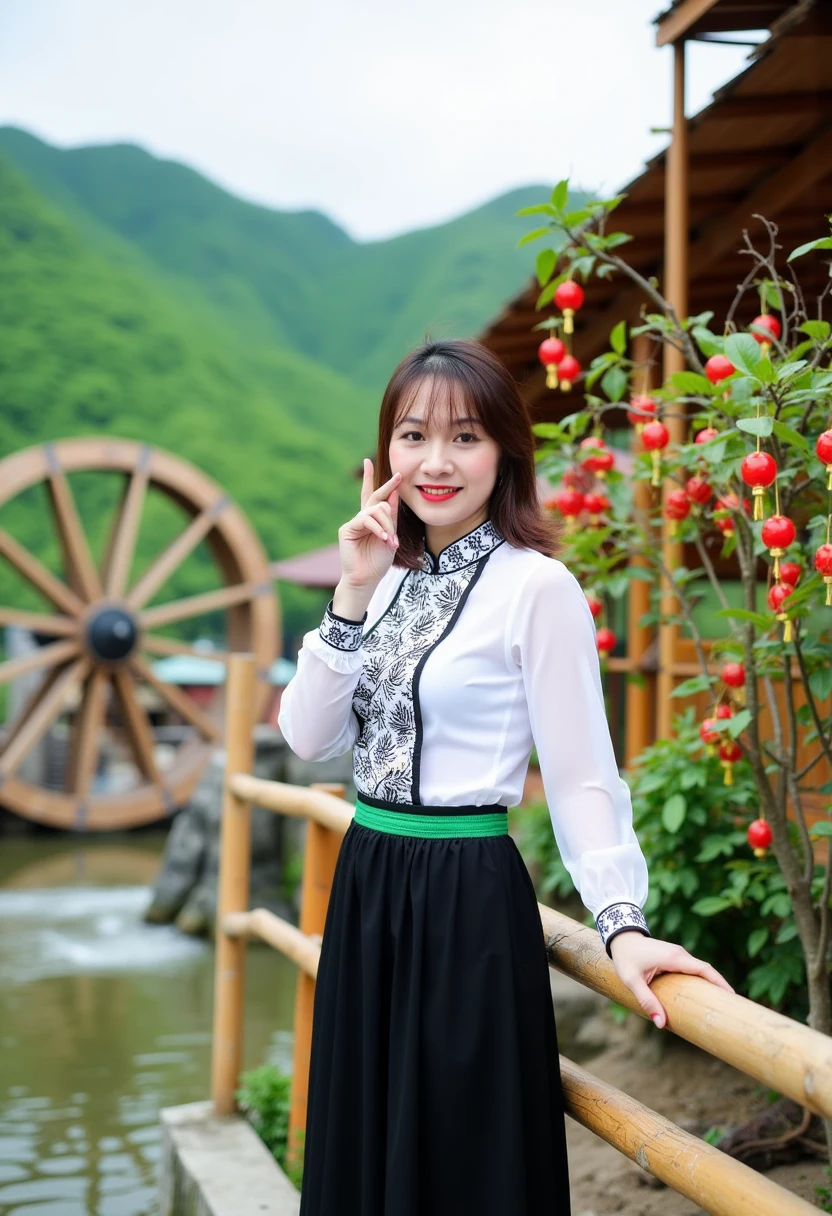 ctai, dantochaitrang,A young woman in traditional Vietnamese Thai ethnic clothing poses outdoors near a peaceful river with a wooden waterwheel and a backdrop of lush green hills. She wears a white and black patterned top, a white embroidered blouse, and a black skirt with a green elastic band. The backdrop is vibrant with natural beauty, including bamboo structures and red ornaments on nearby trees, giving the scene a lively and cultural atmosphere