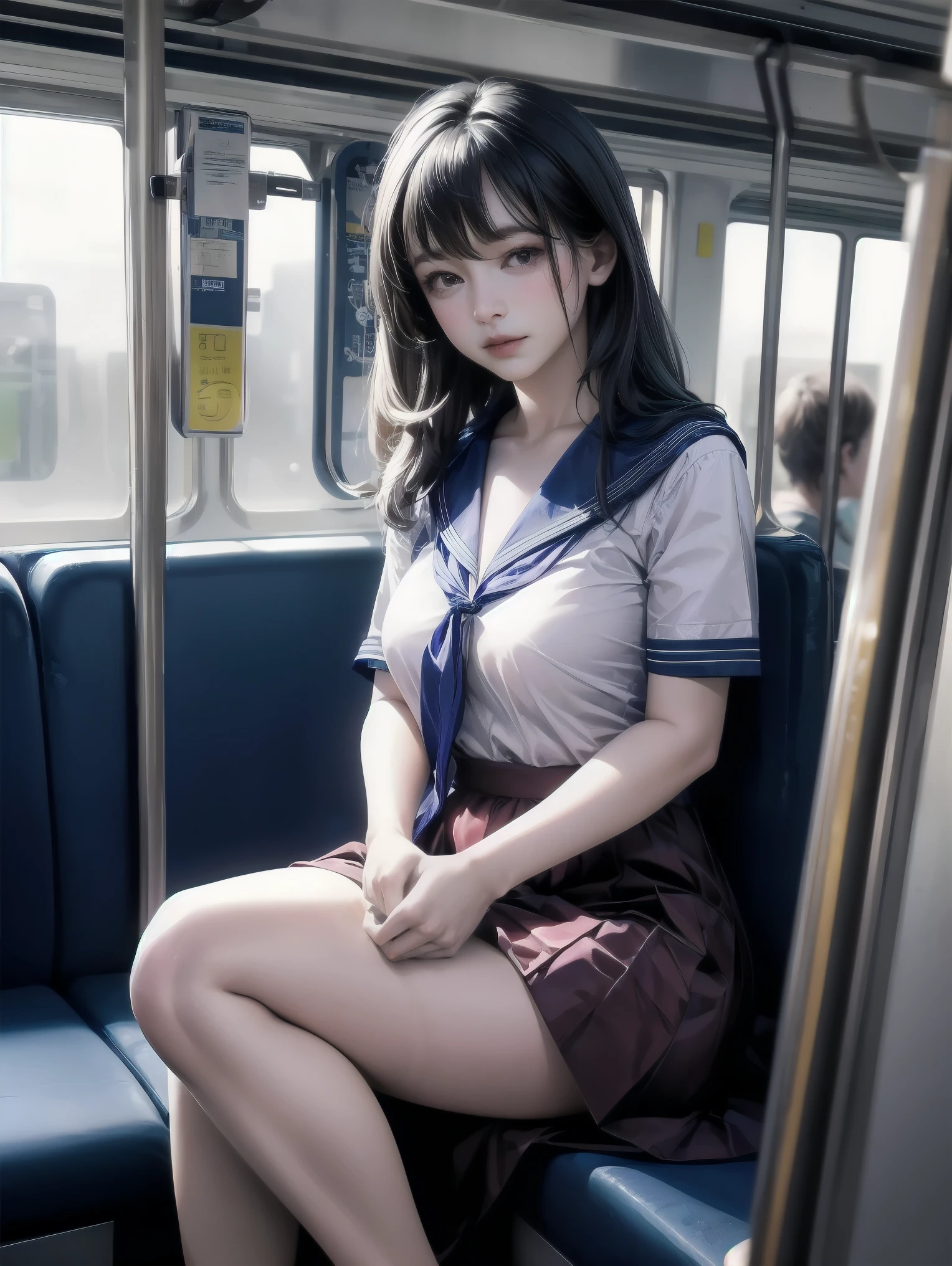 ((debris flies, highest quality, highest quality, 1 female, alone,((short black bangs)), beautiful、Detailed image))、thick thighs))),((thigh gap)),((20-year-old、thin、normal breasts、black eye)),((((in a crowded train、blue sheet、seats parallel to the window)))、((navy blue blazer、navy blue skirt、school uniform、white panties、lift up the skirt))、(((Please sit down、Are crying、Shed a lot of tears、climax、embarrassing、disgust、vibrator in underwear、masturbation)))、Love juice overflows、NSFW、image from the knees up、