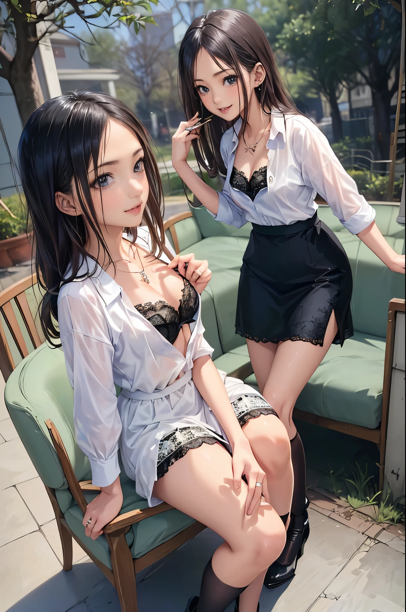 (masterpiece:1.2, highest quality), (realistic, photorealistic:1.4), (topless:1.8,full nude:1.8),beautiful illustrations, (natural side lighting, movie lighting),
looking at the viewer, ((2 girls:1.7)),((Black-haired beauty and blonde beauty,ponytail)), Japanese, perfect face, Cute symmetrical face, shiny skin, baby face,
(long hair, straight hair, sideburns), flowing bangs, Idol'chest, seductive thighs, big ass), earrings,
beautiful hair, beautiful face, fine and beautiful eyes, beautiful clavicle, beautiful body, 美しいchest, beautiful thighs, beautiful feet, beautiful fingers, toes)), perfect body beauty:1.4、8 heads and bodies,
(beautiful scenery), evening, (cafe shop), Are standing, (nice smile, Upper grade), (Short skirts in uniform,show panties)