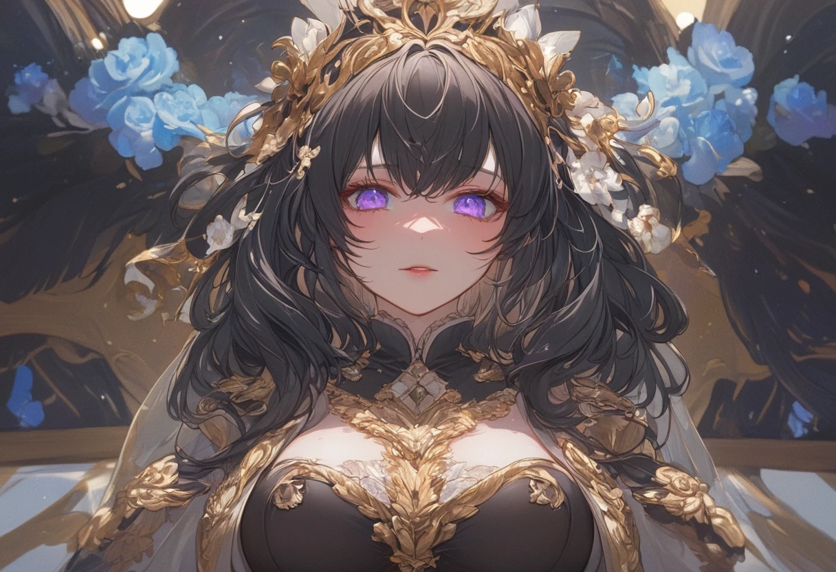 High view, high angle of camera, A beautiful and sexy Sexy goddess Persephone, long black hair, sexy black and purple dress, with a black-gold spike ornaments. greek hades at the background, raytraced, wind, mythological landscape, beautiful, sexy, evil look, intense and bright eyes, half body. Queen of the underworld, goddess of Hades. Every space and build in the landscape is meticulously rendered, from the most dangerous and terrifying abyss, creating a visually stunning and immersive world. The overall effect is a magnificent mix of fantasy, caos and abyss,. close-up, fine quality cyan eyes, cyan eyes , ultra detailed, Beautiful and aesthetically pleasing, masterpiece, Best quality score, Extremely detailed, raytraced, middle body, close up, high view, particles and hard lights. greek mythologic
