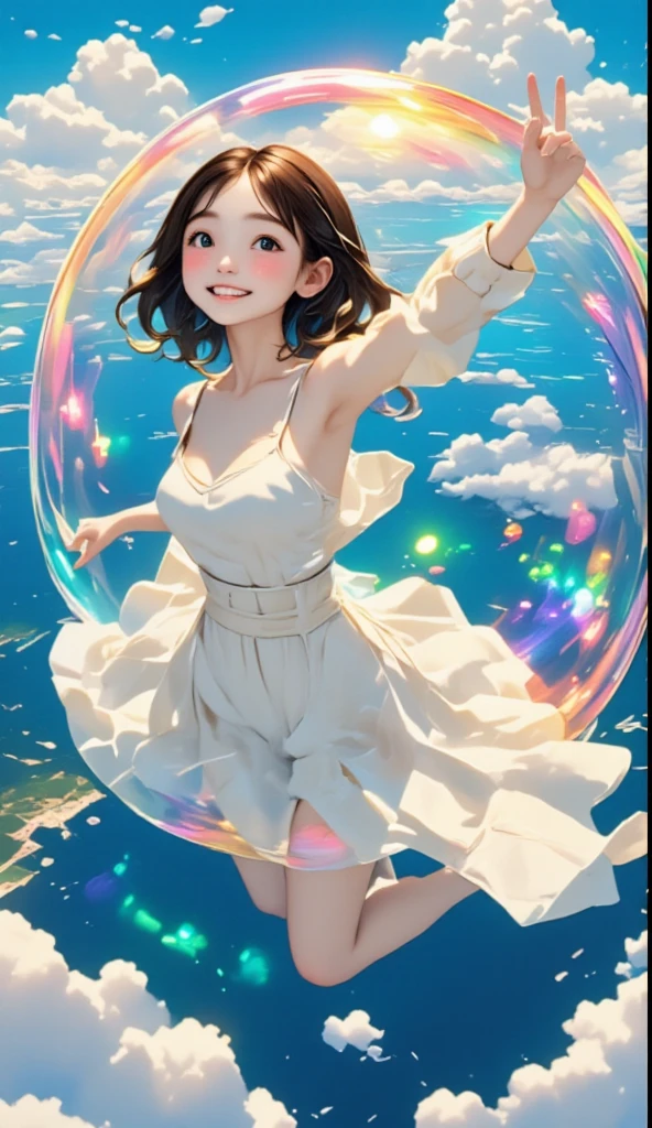  Extremely Realistic、 realistic、Magical bubbles, Sparkling Bubbles ,  Colorful Bubbles,  cute woman, (((Get in the bubble and fly through the sky 、fantasy))),  one woman,  look at the surface of the earth in the bubble with a smile