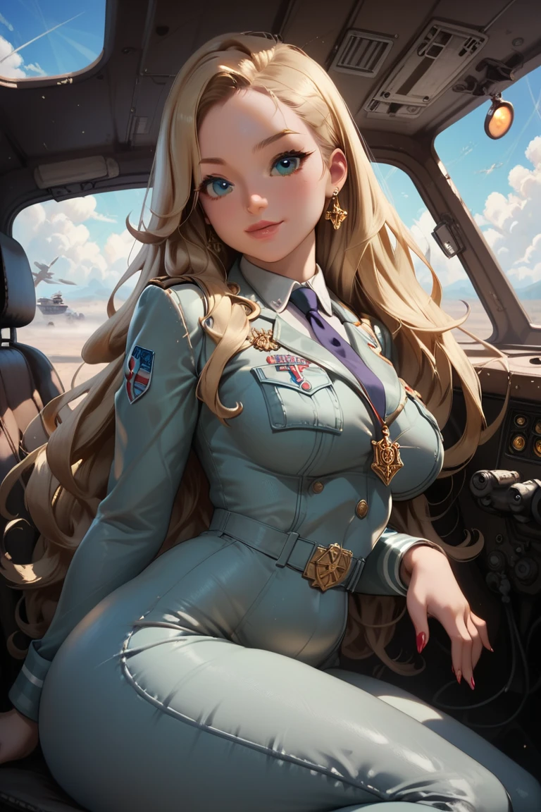 gorgeous woman, piel blanca, very long hair, blonde hair, green eyes, cute eyes, detailed eyes, long eyelashes, thick lips, senos enormes , enorme trasero, caderas muy anchas, plump ass, thick thighs, wide thighs, obra maestra, altamente detallado, 4k, hyperrealism, military uniform, World War II Air Force pilot, cockpit of a speedfire fighter