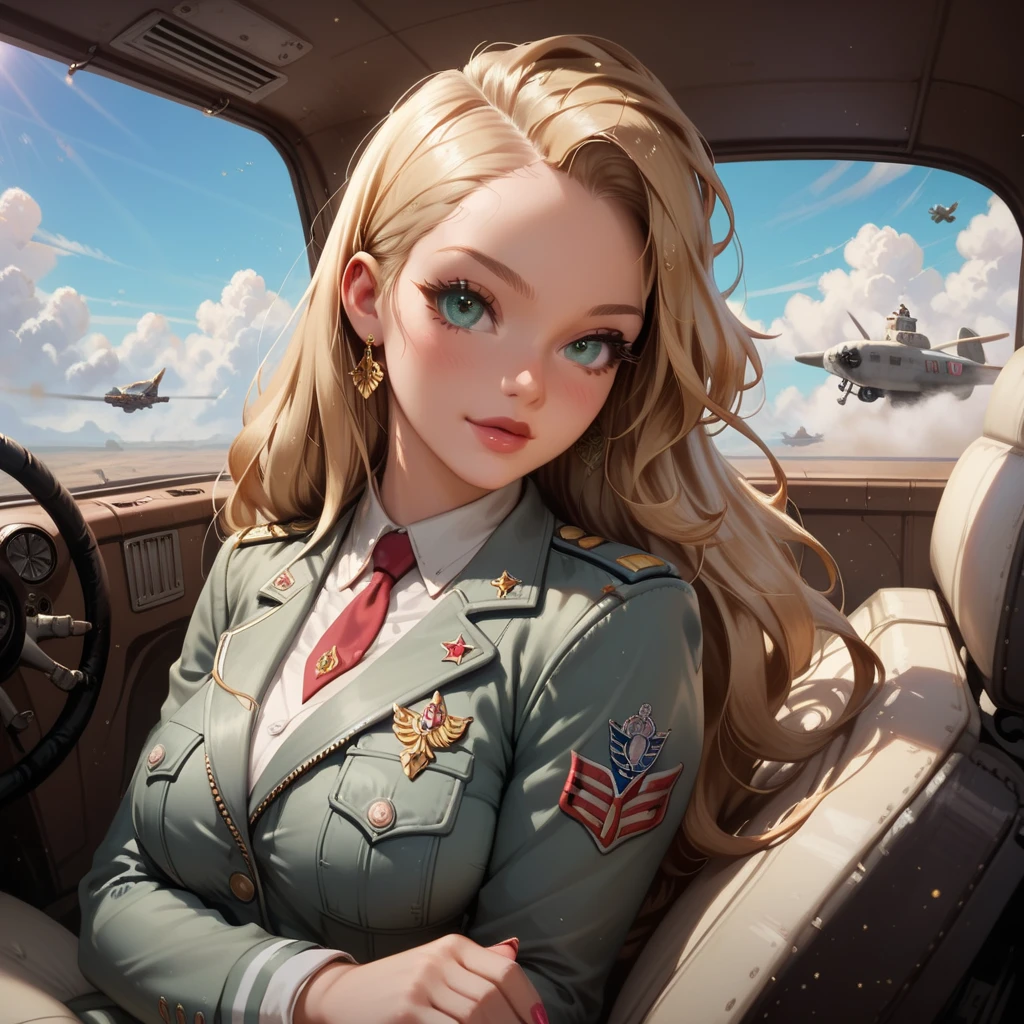 gorgeous woman, piel blanca, very long hair, blonde hair, green eyes, cute eyes, detailed eyes, long eyelashes, thick lips, senos enormes , enorme trasero, caderas muy anchas, plump ass, thick thighs, wide thighs, obra maestra, altamente detallado, 4k, hyperrealism, military uniform, World War II Air Force pilot, cockpit of a speedfire fighter