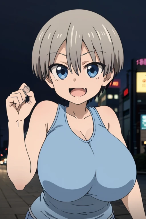 Browsing Caution, Highest quality, High resolution, Beach,One Girl, Huge breasts, One Girl,short hair,blue eyes,bangs,teeth,Grey Hair,Hair between the eyes, blush, smile, View your audience, Cowboy Shot, White micro bikini　Ahegao　Bitch　Nearly naked　Spread your legs　invite 　Close-up