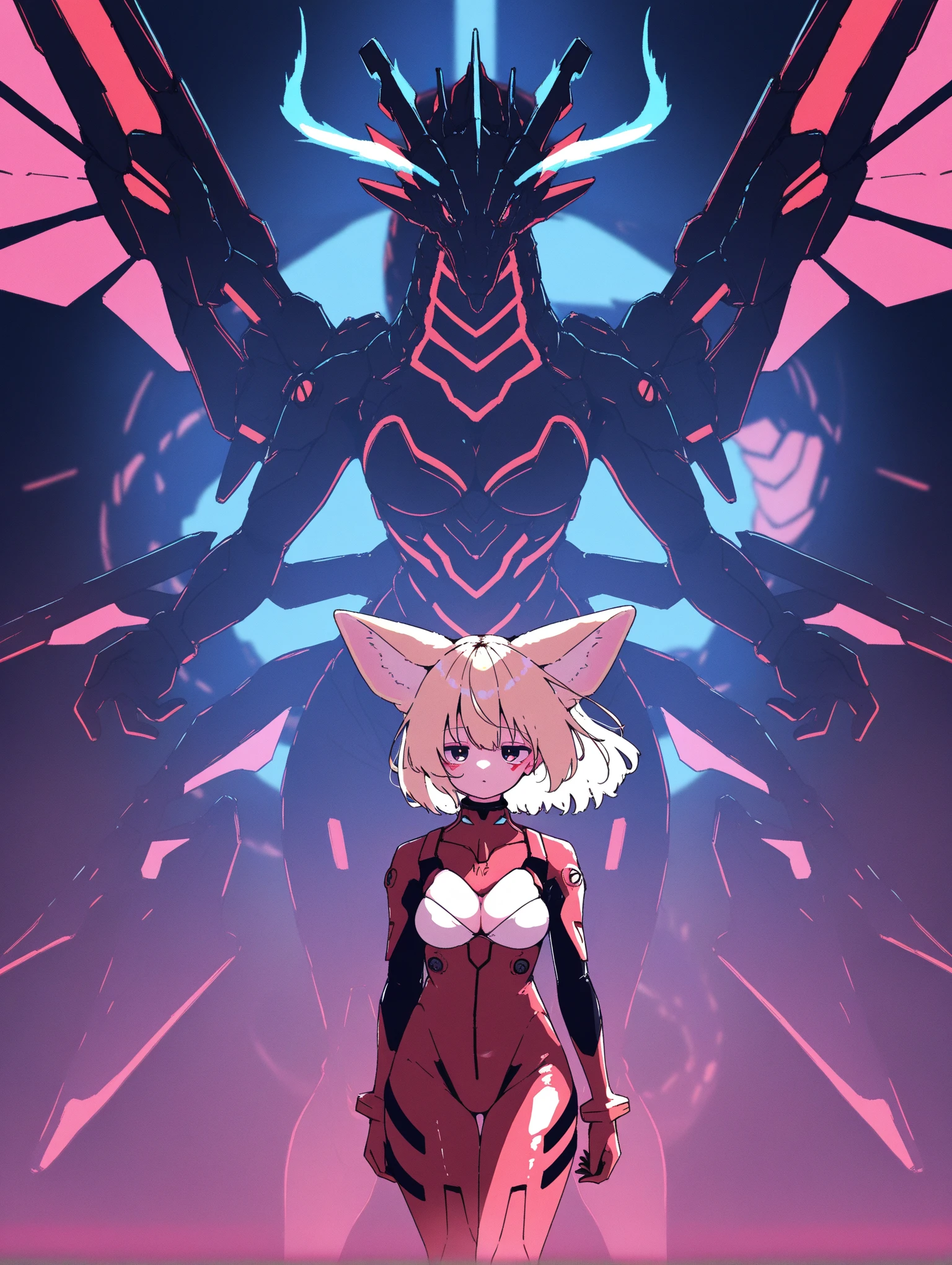 1girl, megateru, fennec fox girl, cleavage, cyberpunk, plugsuit, mechanical wings, double exposure dragon                                                                               
 ,masterpiece,best quality,newest,
