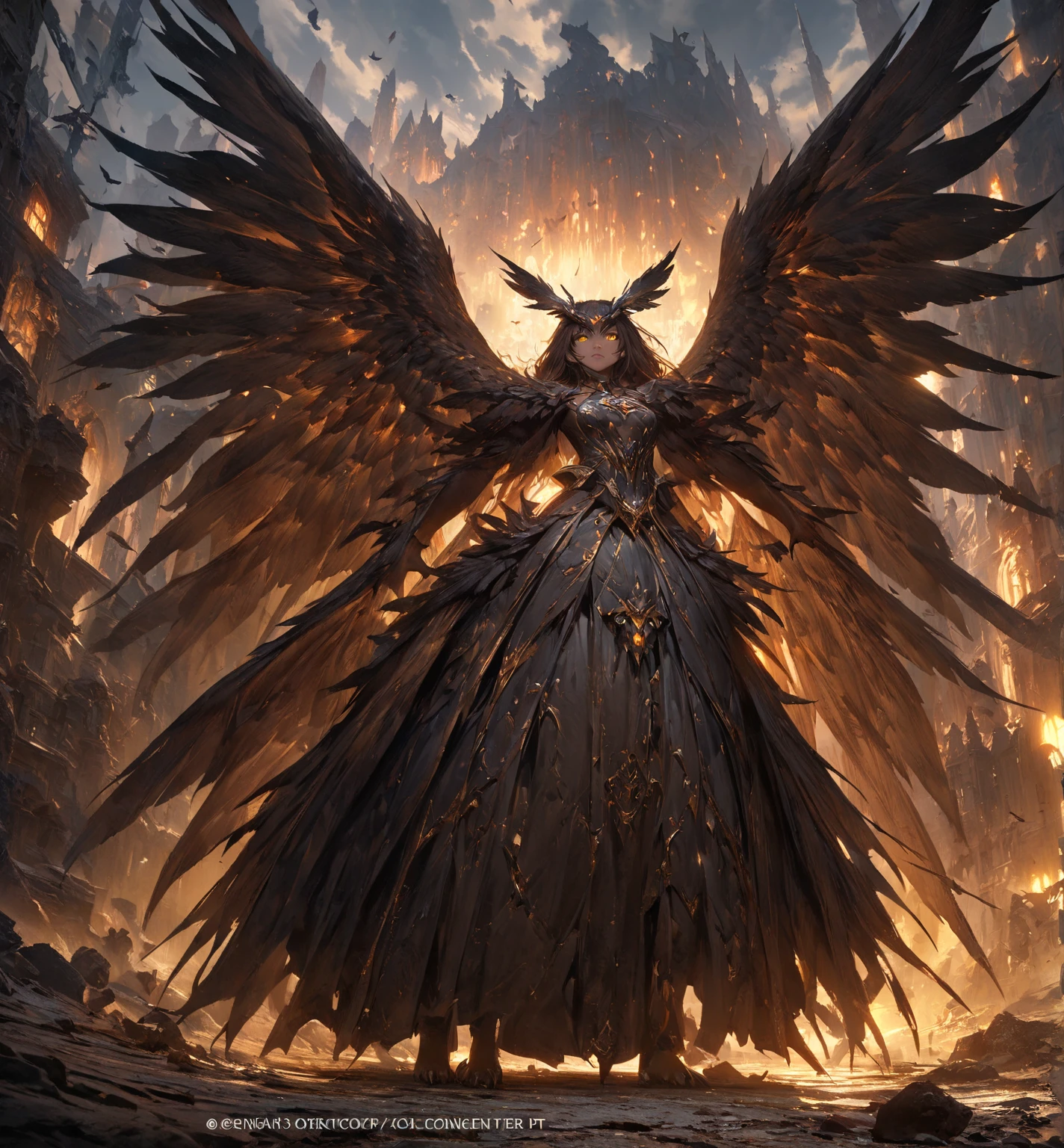  Facing Camera ，Standing on the ground， Perfect Full Body Character Watch，Birdie character，A female demon ，Slim ，Medium build， Smooth brown skin , Light tattoo on skin ， dark ， wears a black down dress ，Owl's Head and Forehead Has V-Shaped Feathers， with delicate long yellow eyes， The ears are covered with upward owl wings， Hair Ornament Feather Hair Trim， Giant owl wings ，[ Vibrant appearance , Creative Behavior , Imaginative, Sensibility, spontaneous, skin texture， [[ Ultra wide angle lens ，Remote Panorama ，masterpiece,  Alina ,  Highly Detailed , Super Fine， Height Detail ，Light Tracking ， movie light effect ,  illustration,  8K Resolution Concept Art ， Dark fantasy art ， Dark Fantasy Character Design ， Concept Art Wallpaper ， Epic Dramatic Atmosphere ,  Height Detail, fantasy realism,   Professional Digital Art ,