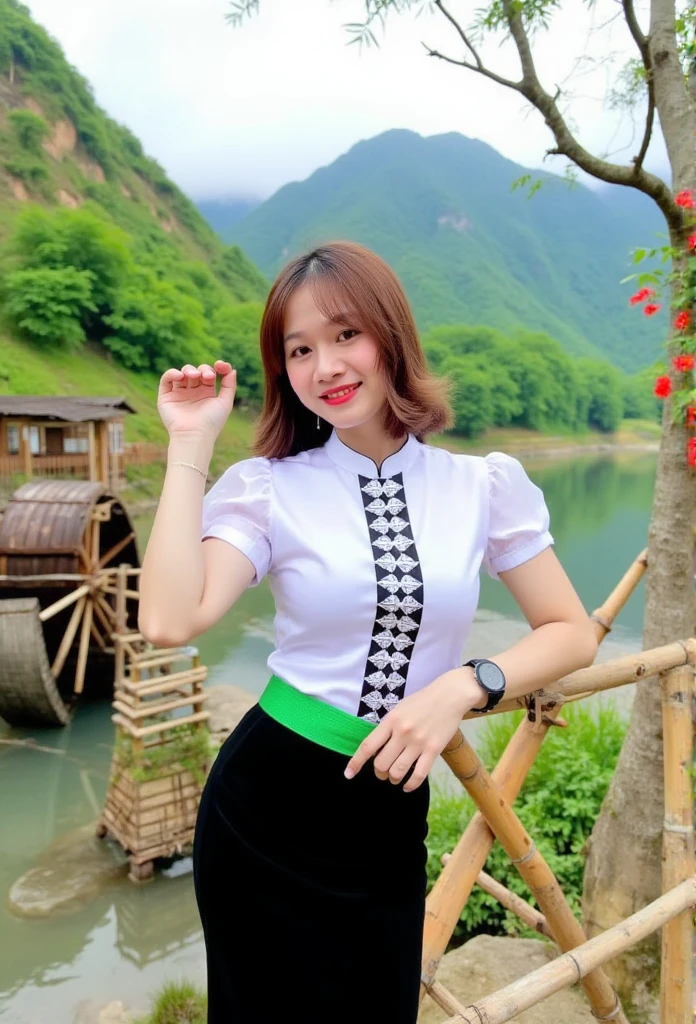 ctai, dantochaitrang,A young woman in traditional Vietnamese Thai ethnic clothing poses outdoors near a peaceful river with a wooden waterwheel and a backdrop of lush green hills. She wears a white and black patterned top, a white embroidered blouse, and a black skirt with a green elastic band. The backdrop is vibrant with natural beauty, including bamboo structures and red ornaments on nearby trees, giving the scene a lively and cultural atmosphere