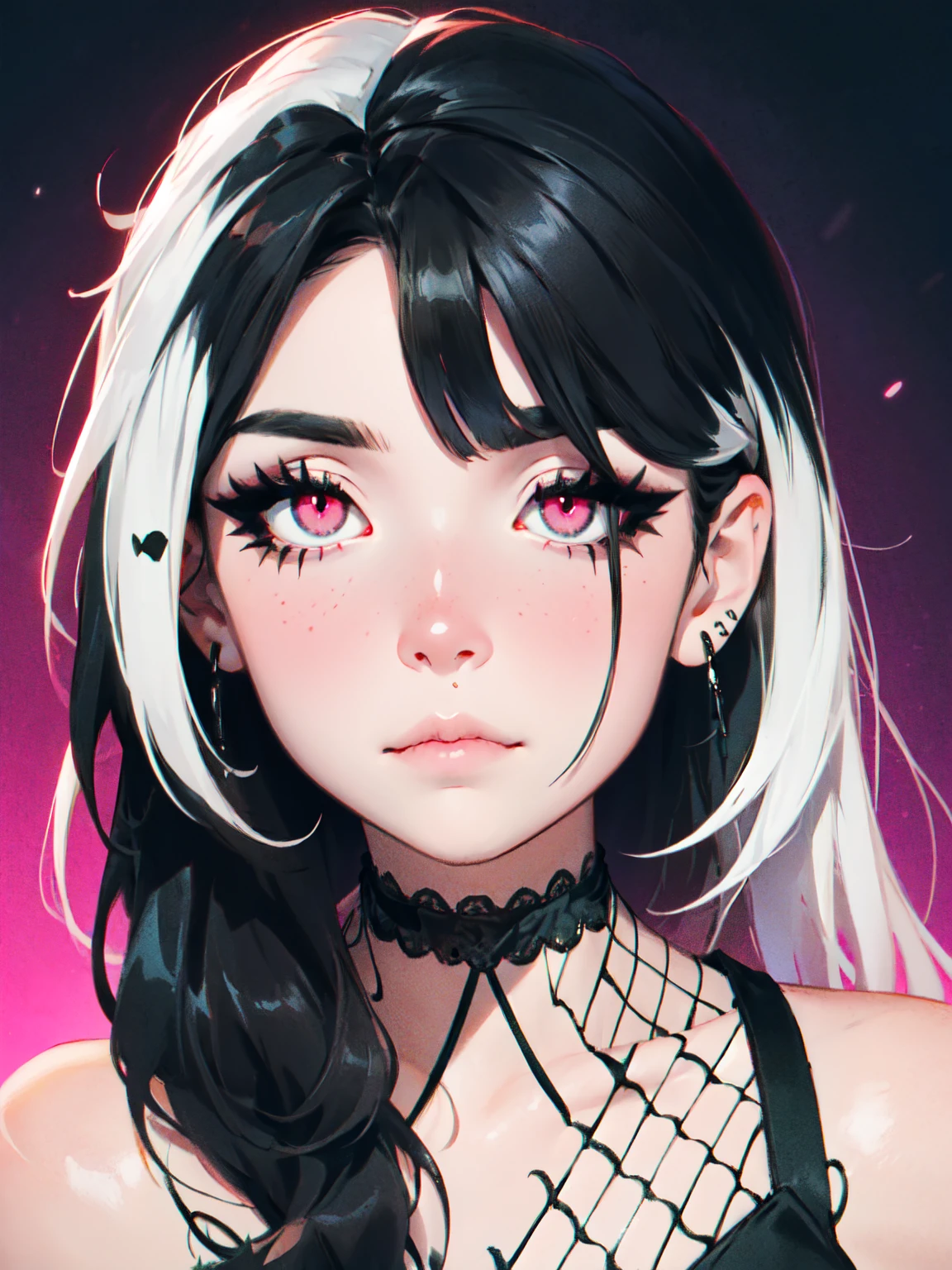 emo_hairstyle,, black tie, ((long hair)), ((straight hair)), (((black hair))), side swept bangs, white skin, pale, white, (pink eyes), tired expression, choker, ((dark makeup, mascara, eyeshadow, tattoos)), multiple piercings, best quality, 8k,, erotic, slytherin, (fishnet outfit, lace), nose blush
