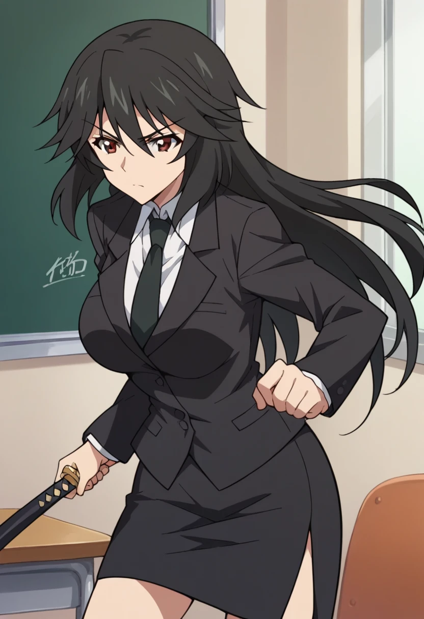 Orimura&#39;Pet, Long Hair, bangs,  black hair,  hair between eyes,  Brown Eyes ,
 skirt,  shirt,  Long Sleeve ,  jacket, white  shirt, tie, black  skirt, black  jacket, formal, suit, black tie, pencil  skirt,  skirt suit,Big Breasts　　In the classroom　The long Japanese katana　Iaido stance