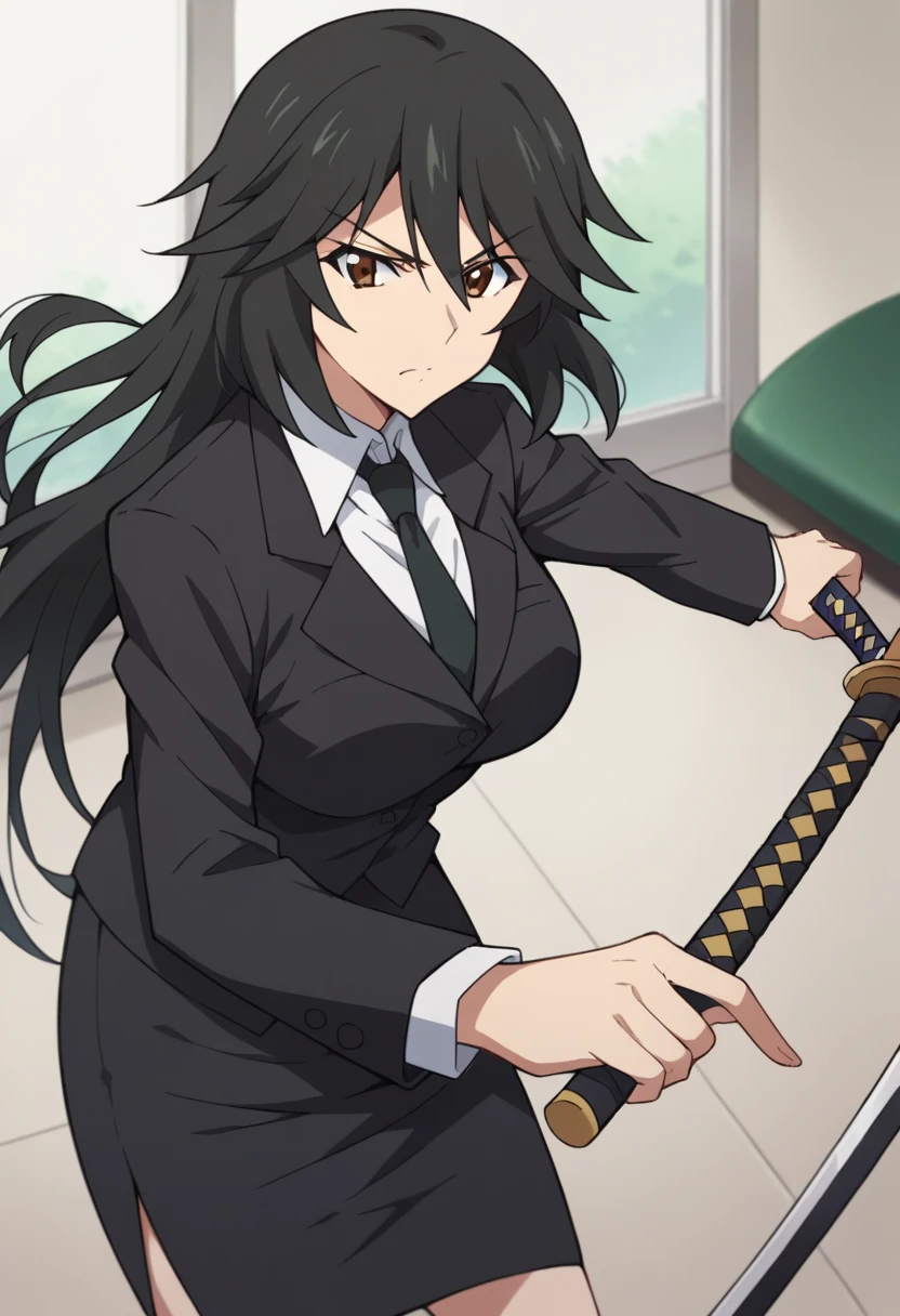 Orimura&#39;Pet, Long Hair, bangs,  black hair,  hair between eyes,  Brown Eyes ,
 skirt,  shirt,  Long Sleeve ,  jacket, white  shirt, tie, black  skirt, black  jacket, formal, suit, black tie, pencil  skirt,  skirt suit,Big Breasts　　In the classroom　The long Japanese katana　Iaido stance