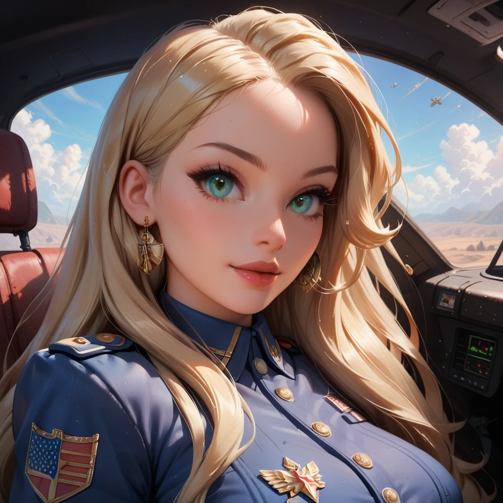 gorgeous woman, piel blanca, very long hair, blonde hair, green eyes, cute eyes, detailed eyes, long eyelashes, thick lips, obra maestra, altamente detallado, 4k, hyperrealism, military uniform, World War II Air Force pilot, cockpit of a speedfire fighter