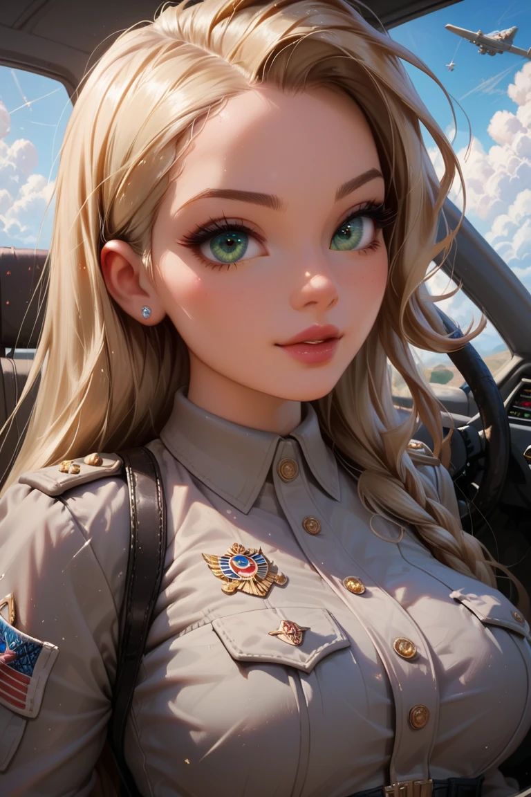 gorgeous woman, piel blanca, very long hair, blonde hair, green eyes, cute eyes, detailed eyes, long eyelashes, thick lips, obra maestra, altamente detallado, 4k, hyperrealism, military uniform, World War II Air Force pilot, cockpit of a speedfire fighter