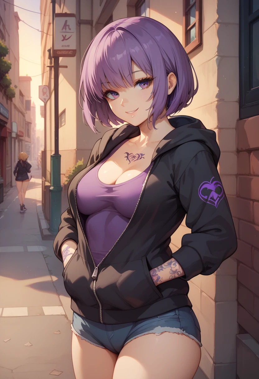 Sexy anime girl, age 17, purple bob hair, purple eyes, no bra, dark panties, tight purple tank top, unzipped black hoodie, short denim, tattoos on hands and thighs, medium breasts, medium thighs, perfect shapely body, seductive pose, smiling, in a street, morning, hands in hoodie pockets