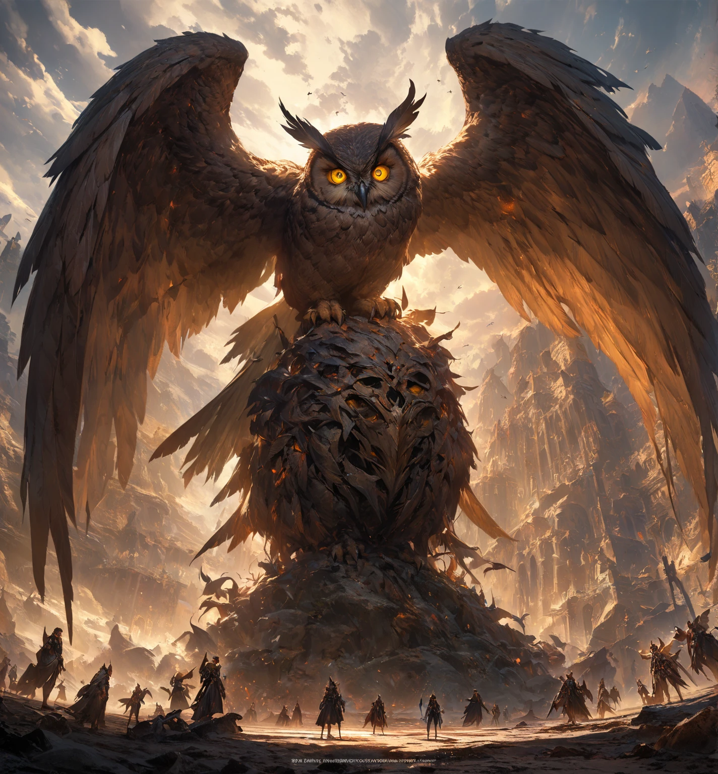  Facing Camera ，Standing on the ground， Perfect Full Body Character Watch，Birdie character，A female demon ，Slim ，Medium build， Smooth brown skin , Light tattoo on skin ， dark ， wears a black down dress ， Owl's head forehead has V-shaped feathers covering eyes， with delicate long yellow eyes， The ears are covered with upward owl wings， hair on both sides decorated Feather hair ornament ， Giant owl wings ，paw，Bird's paw ，[ Vibrant appearance , Creative Behavior , Imaginative, Sensibility, spontaneous, skin texture， [[ Ultra wide angle lens ，Remote Panorama ，masterpiece,  Alina ,  Highly Detailed , Super Fine， Height Detail ，Light Tracking ， movie light effect ,  illustration,  8K Resolution Concept Art ， Dark fantasy art ， Dark Fantasy Character Design ， Concept Art Wallpaper ， Epic Dramatic Atmosphere ,  Height Detail, fantasy realism,   Professional Digital Art ,