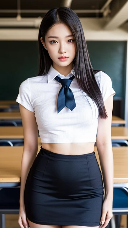 17 year old girl looks longingly at her teacher who is sitting and has black hair and black eyes. She has reddish hair and brown eyes, She is short and wears a black miniskirt. The girl has big, round eyes., heart shaped lips. She takes her teacher's tie and with the other hand she puts it on her chest, She is sitting on the professor's lap while he is wearing a suit and looking at her with a smile.