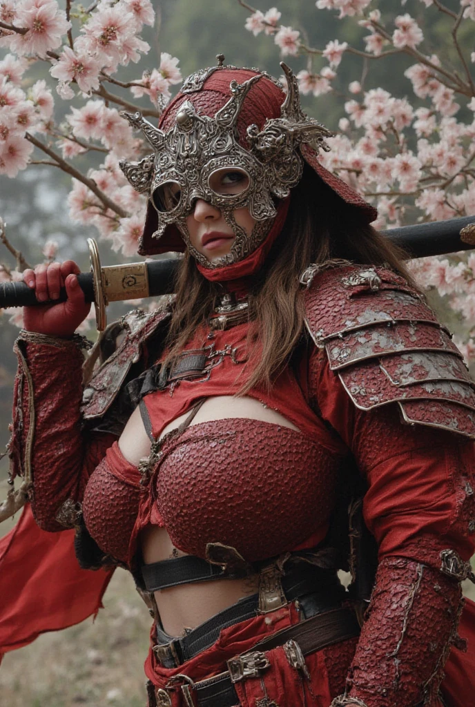 Award Winning 80s Photo Quality, vintage film grain, NSFW, professional photograph of a beautiful dusky sweaty (War Goddess:1.4) by Yoshitaka Amano, dusky girl, Amy Judd, and Edward Weston, (samurai Armor elements:1.4), moonlit Japanese palette, armored Samurai theme, full body, fantasy outdoors, magical flowers radiating in shimmering white and pink hues, bold lines, hyper-detailed, dramatic lighting, (film grain, 80s camera, masterpiece, best quality:1.4). She wears armor that resembles red and white, with cascading scales reflecting the light of a crescent moon, Upper body view. The background is a pleasant blossom and glowing flower life, her sword raised high,(intricate detailed metal eye mask), (((very big saggy tits))), (((large breasts))), (((nude))), (((naked)))