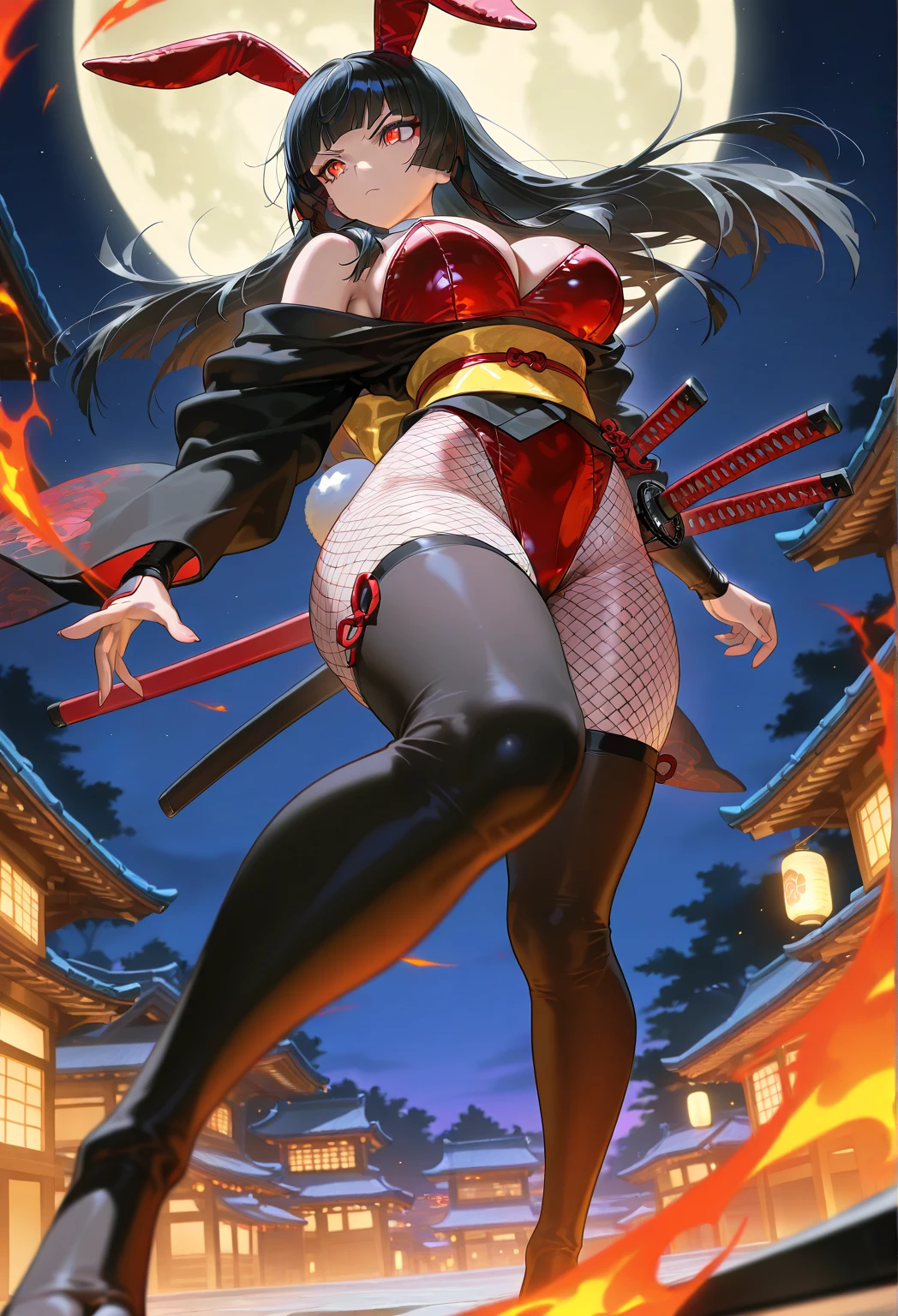 masterpiece), best quality, newest, highres, absurdres, ultra detail, extremely detailed, official art, rich colors, sharp contrast, detailed shading, perfect anatomy, good hands, solo, 1girl,large breasts,red eyes, (kunoichi), bare shoulder, sleeve less, thighs, thighhighs, japanese clothes, kimono, sash, obi,body fishnets, ninja, black kimono,(bunnysuit,red leotard), confident,dominant, serious, dropkick, sharp eyes, large breasts, big thighs, fishnet pantyhose, round ass, ,real bunny ears ,real bunny tail,sheathed katana,weilding fire katana,hime cut,black hair expressive pose, full body , closeup, dynamic view, dynamic action,from below , old japanese village, night, moon