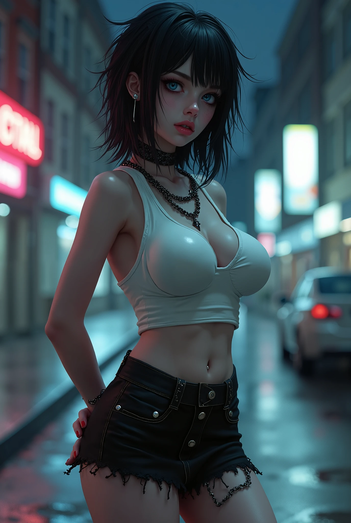 best qyality, wet T-shirt, T-shirt raised to the chest, perky tits, 8k, stocking suspenders, woman, medium breasts, neon street, ???? style, professional light