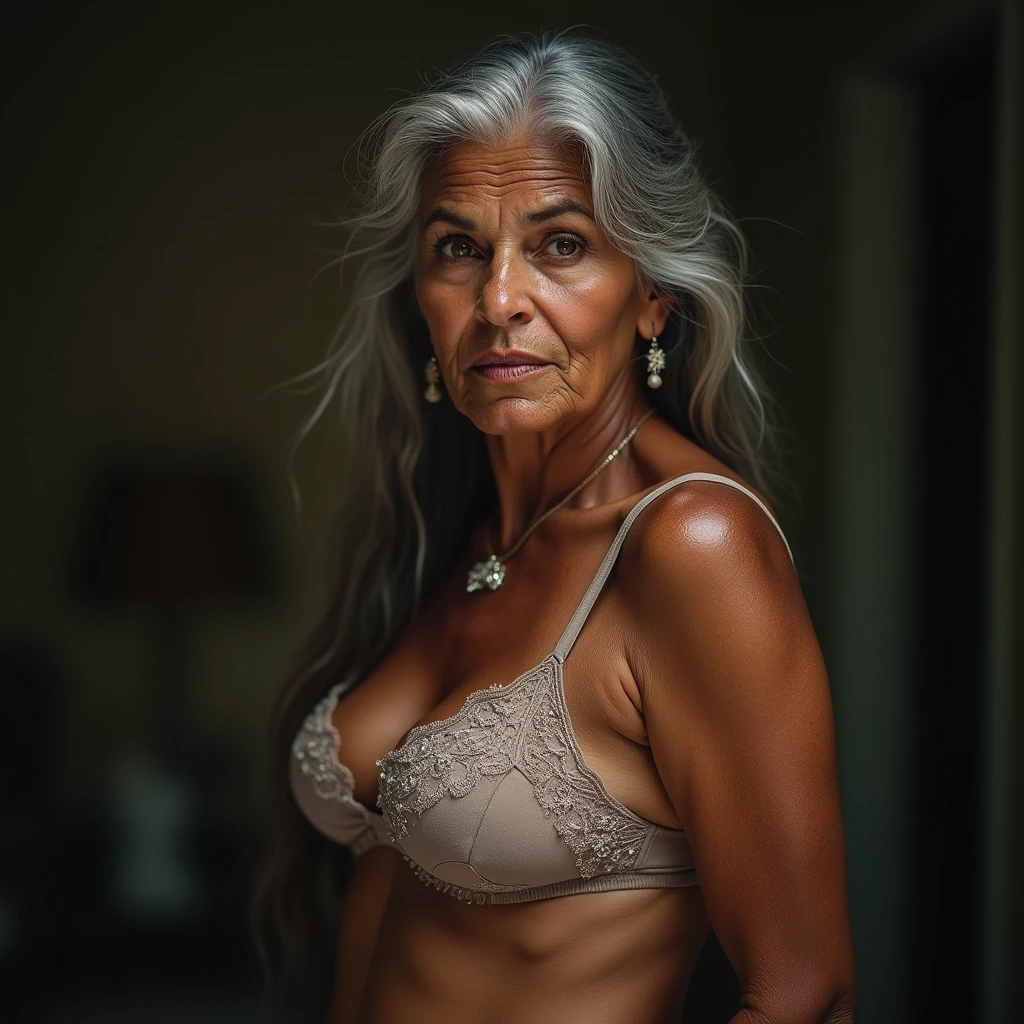 A 67-year-old woman wearing prescription glasses, skinny weighing 45 kilos distributed in a body with 170 centimeters tall, with large, saggy breasts, wide hip, thick legs and thighs. She has an expressive face with lines of time from age, small mouth, brown eyes with a serene and suffering look, very light brown eyes and wavy gray hair. She is wearing a sensual red lingerie and is standing next to a bed in a humble and precarious room at night.